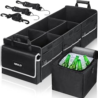 HIRALIY 4-in-1 Foldable Car Trunk Organizer with Leakproof Cooler Bag - Multi-Compartment Storage for SUV Truck Black
