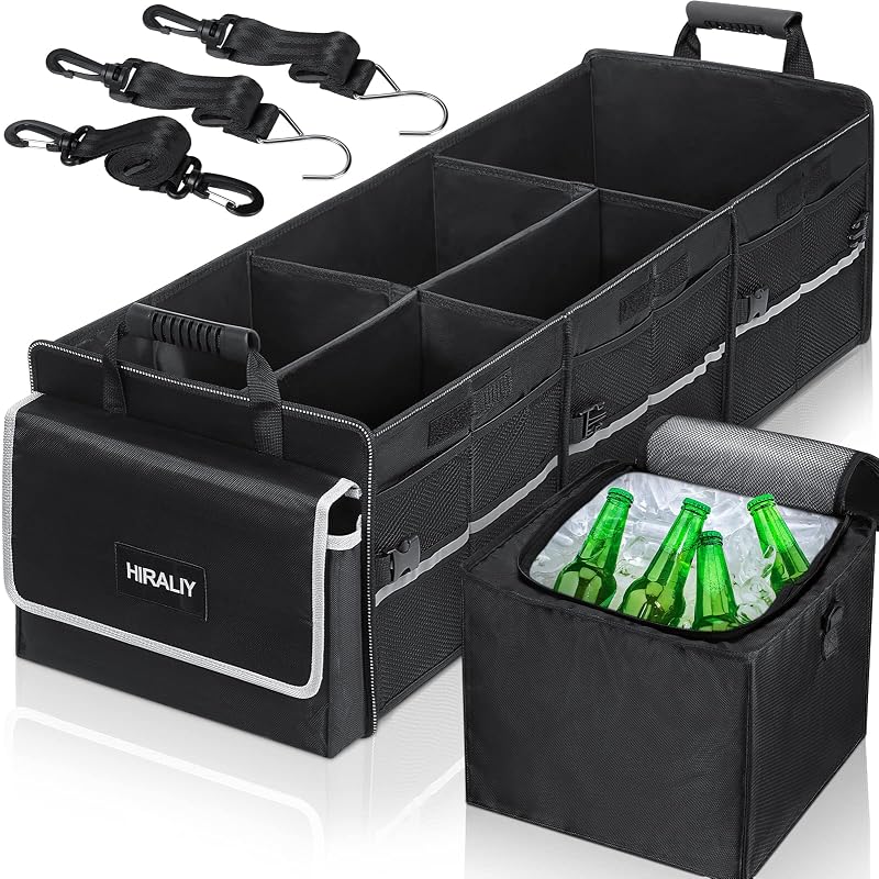 HIRALIY 4 in 1 Car Trunk Storage Organizer, Black | Leakproof Cooler Bag, Multi-Compartment, Foldable, For Car Truck SUV