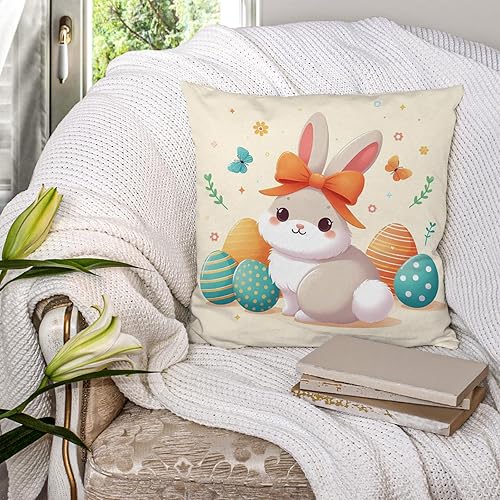 Miniatura 4 de Juego de 2 fundas de almohada con diseño de conejo de dibujos animados de Pascua, huevos de mariposa, arco, animales, floral, amarillo claro,