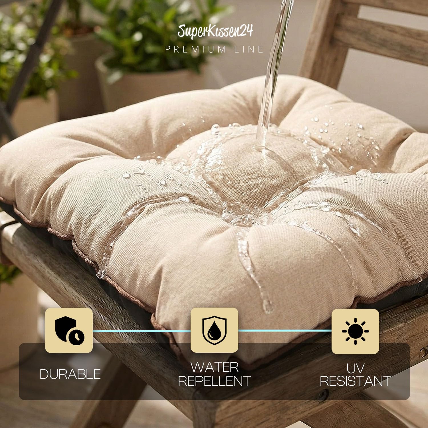 SuperKissen24. Cuscini per Sedie - Cuscino 45x45 cm da Esterno ed Interno Comoda Seduta Impermeabile per Mobili e Arredamento da Giardino, per Pavimento - Lino Beige
