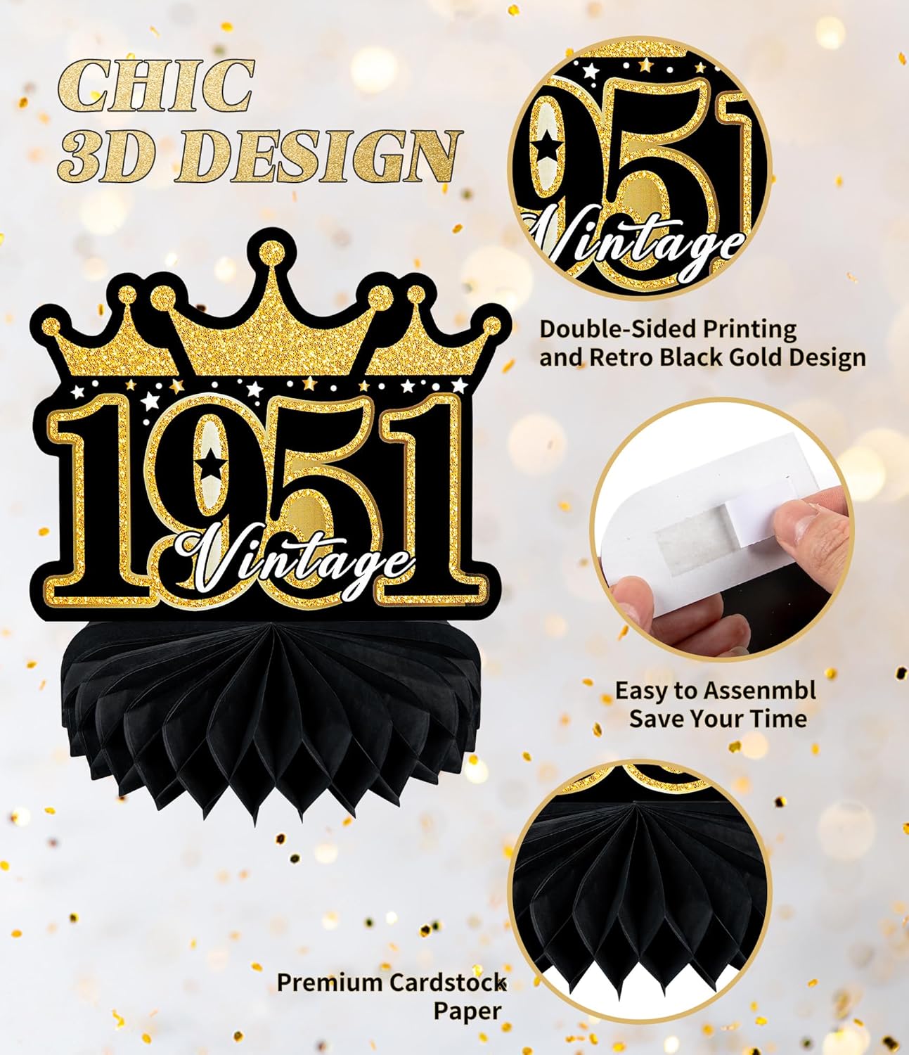 9 Pcs 75th Birthday Decoration 75 Birthday Party Decorations for Men Women 75 Years Birthday Tables Decorations Cheers to 1950 Centerpieces Honeycomb Black and Gold 75th Birthday Party Favors - Image 6