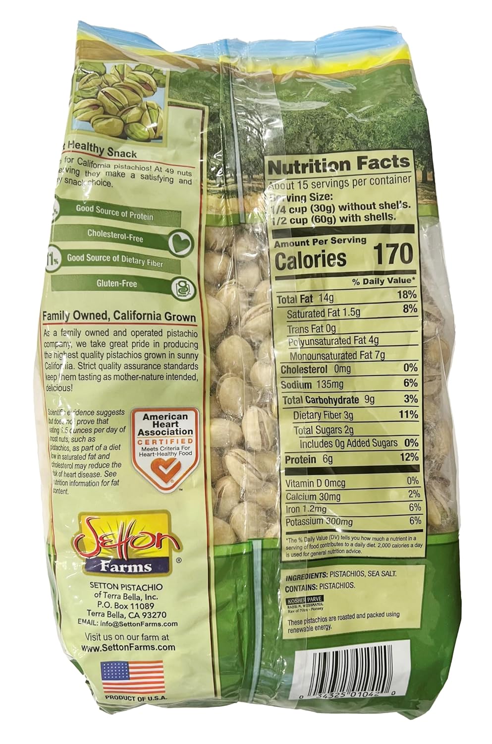 Setton Farms Roasted and Salted Premium California Pistachios 2lb Bag Certified NonGMO Gluten Free Vegan & Kosher, Dry Roasted With Sea Salt, 32 Oz
