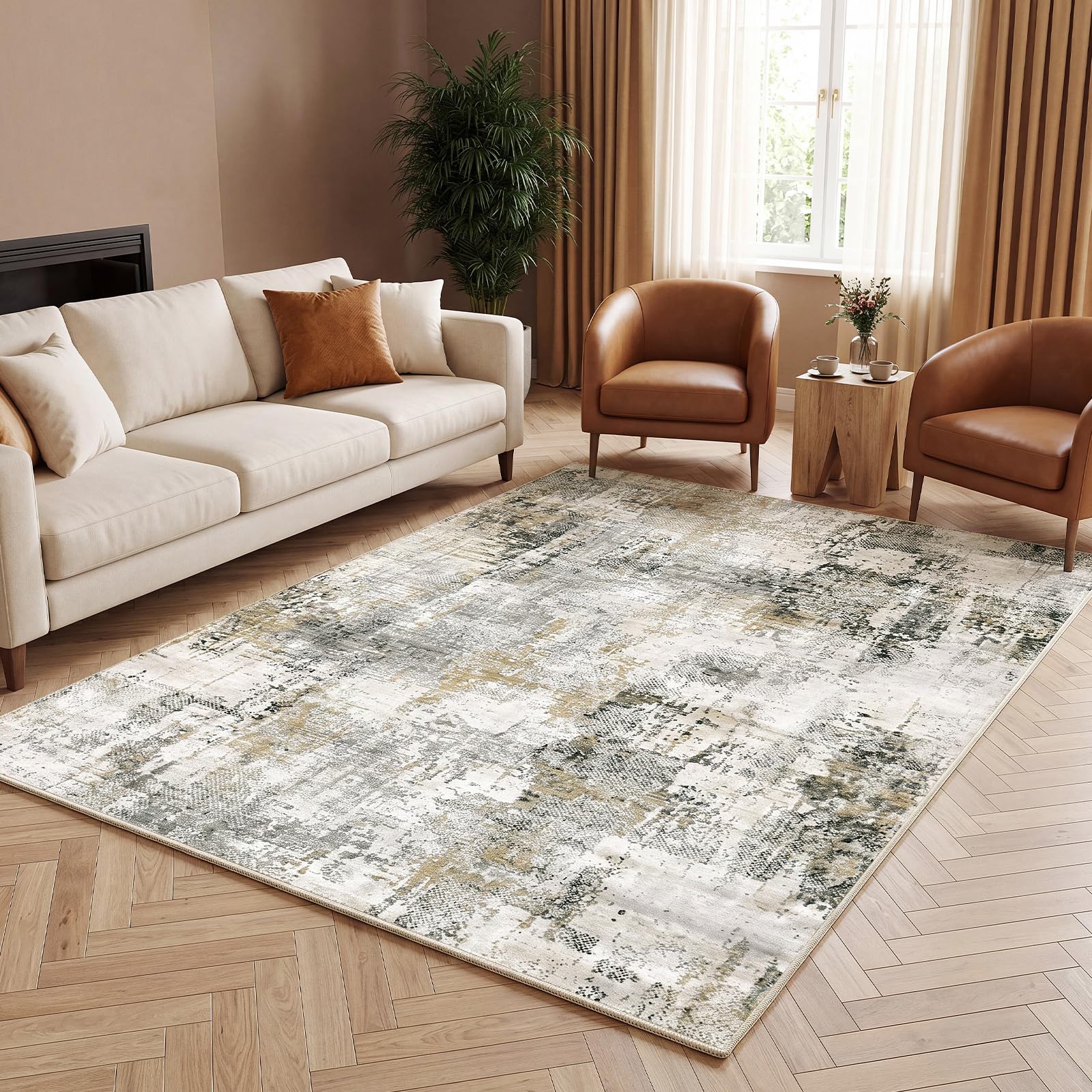 Autsel Living Room Rugs 140x200cm, Large Washable Rug, Non Slip Low Pile Area Rugs, Abstract Rug, Multi-use Durable Floor Carpet for Bedroom, Kitchen, Runner Rugs for Hallway, Grey/Beige