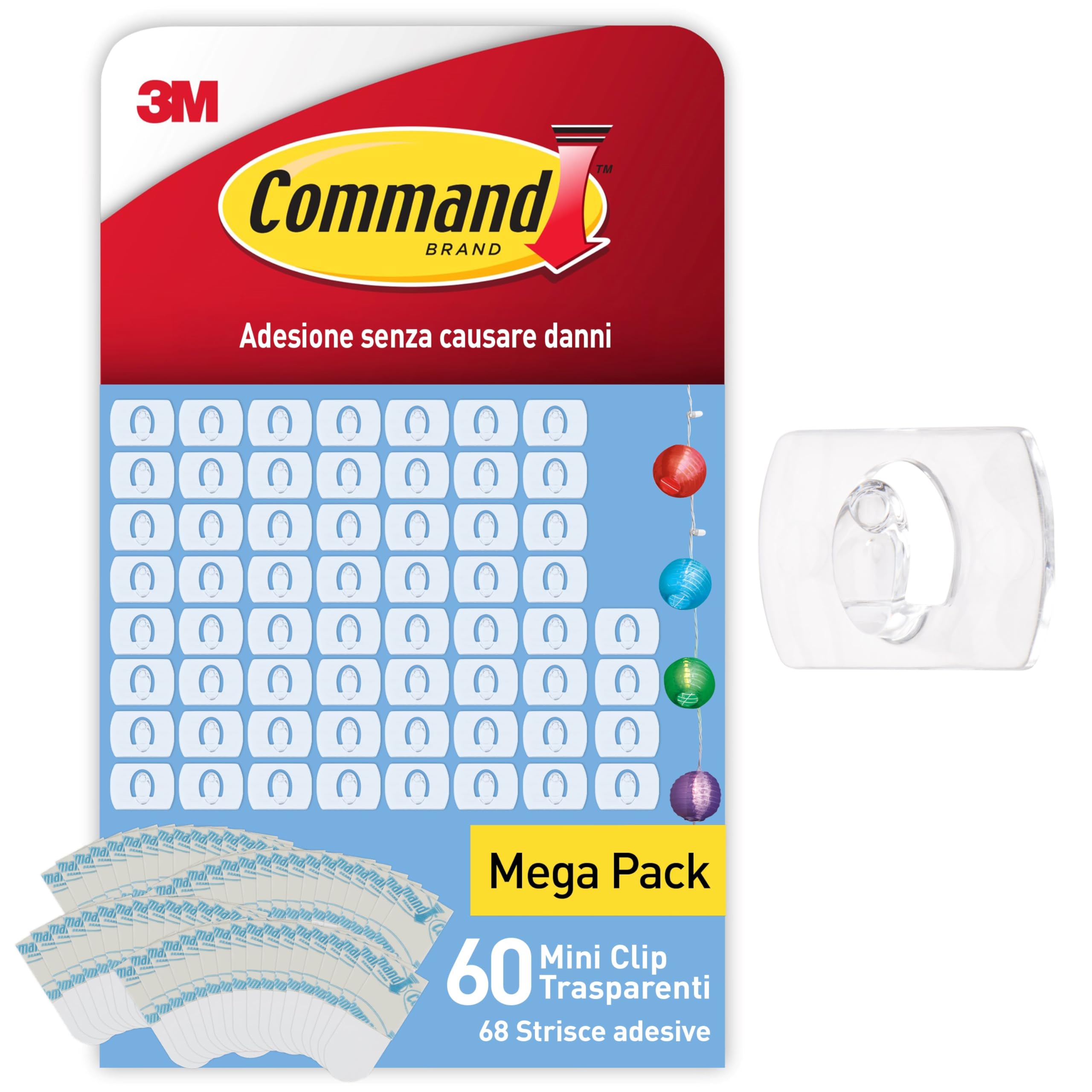Command Mini Ganci Adesivi Trasparenti per Decorazioni Interne, 60 Ganci e 68 Strisce