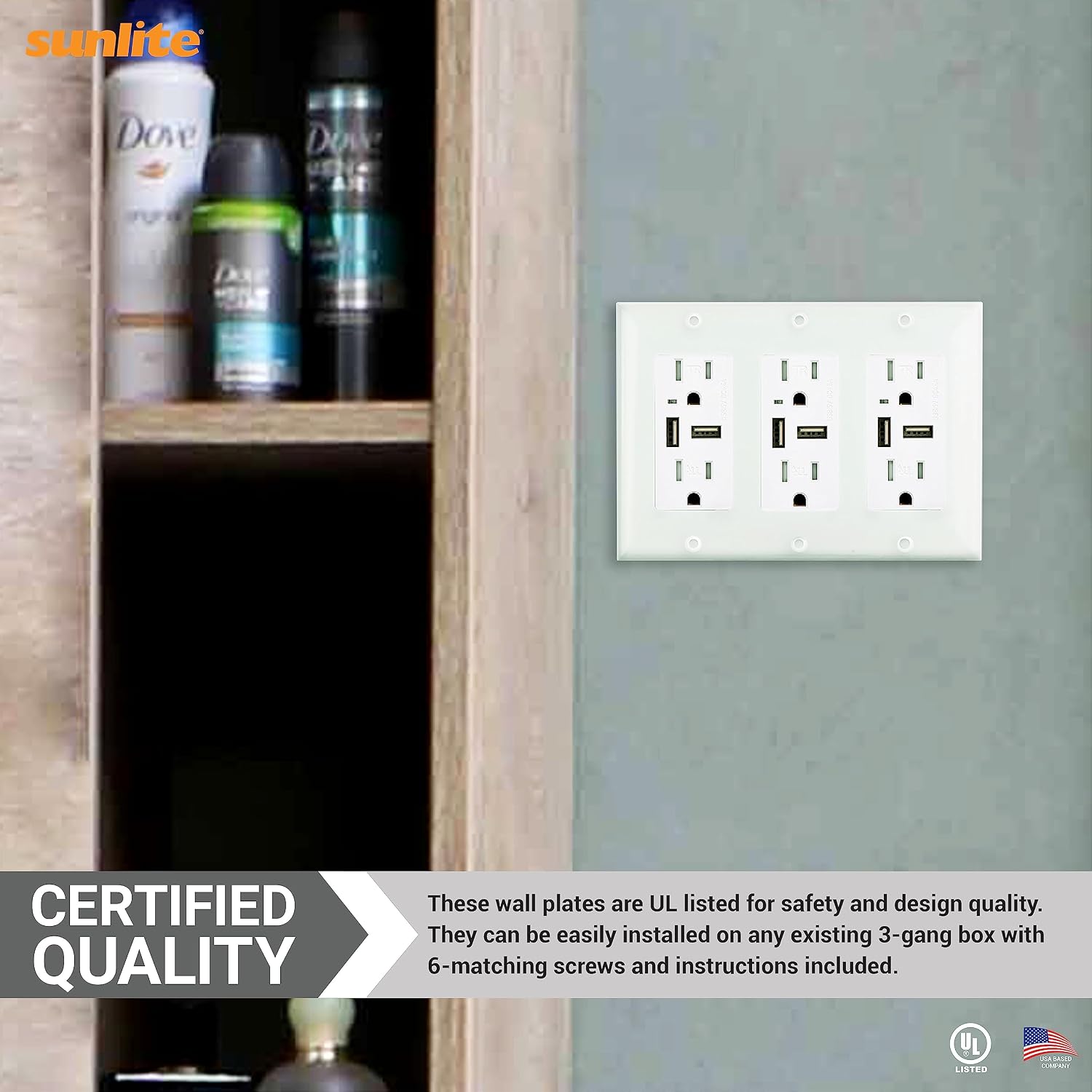 Sunlite 40915-SU 3-Gang Decorative Switch and Receptacle Plate Plastic, Matching Screws Included, UL Listed, 12 Pack, White