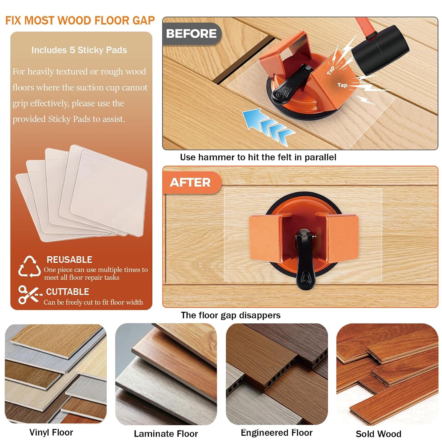 Heavy Duty Floor Gap Fixer Tool, Heavy Suction Cup Plank Grabber with Nano Gel Adhesive Pad for Laminate, Vinyl, Wood & Tile Flooring,Laminate Plank Gap Repair Tool(Orange)