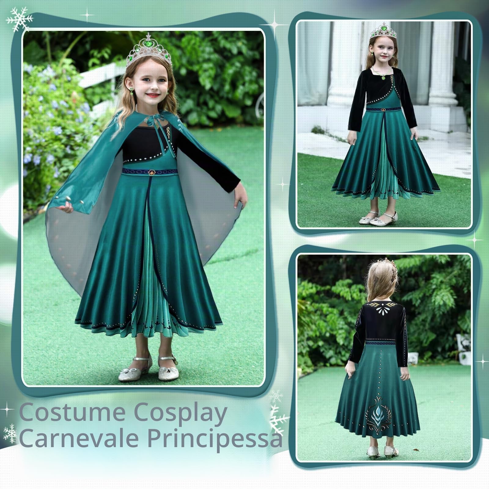 TOLOYE Costume Anna per Ragazza, Anna Vestito Principessa con Mantello, Elsa Vestito Set per Bambini, Anna Costume Princess Vestito per Ragazze Festa di compleanno Carnevale Cosplay