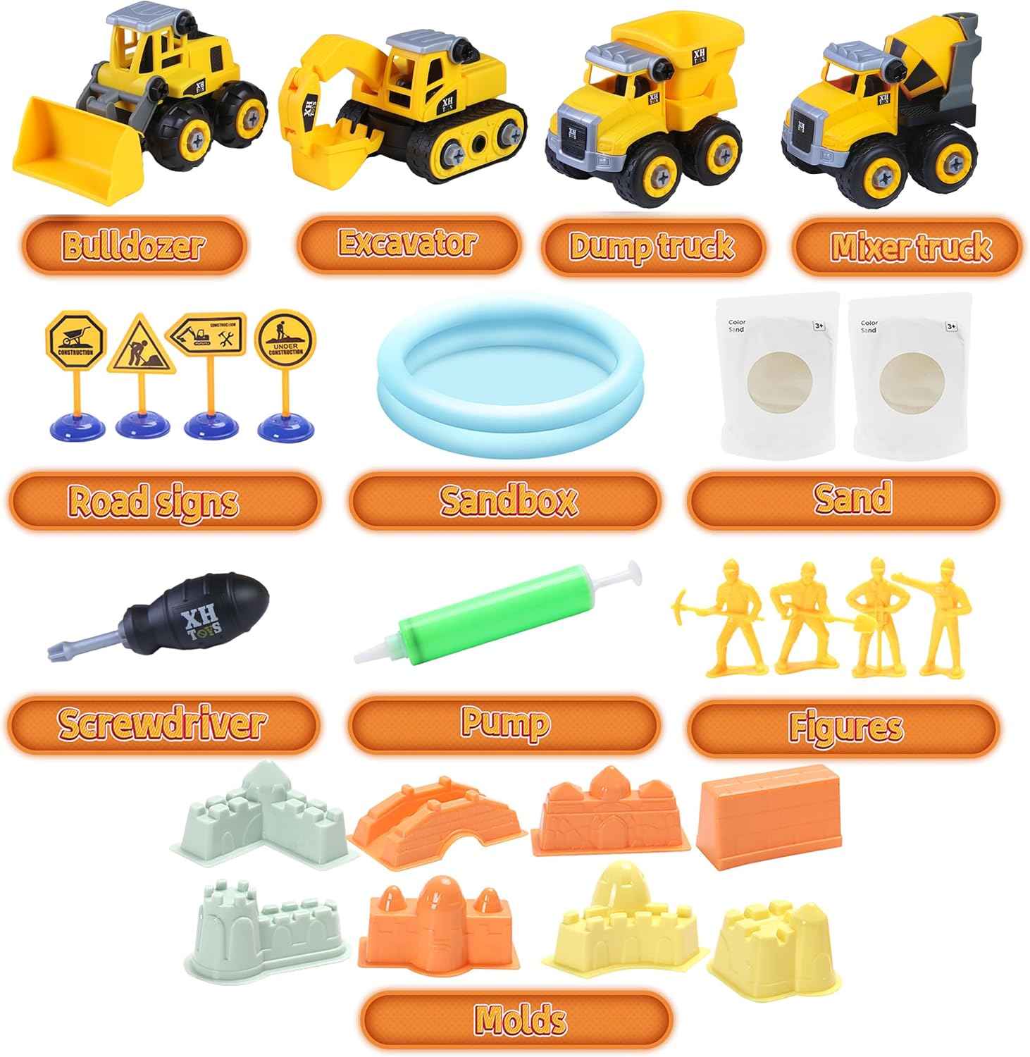 YIDESTARS Play Construction Sand Kit,2.2lbs Magic Sand W/4 Large Take Apart Construction Trucks,1 Sandbox,8 Worker Figures and Road Signs,8 Molds,Toys for 2-8 Years Old Boys Girls
