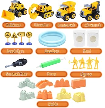 YIDESTARS Construction Sensory Bin for Toddlers | Large Take Apart Trucks,Sandbox,Worker Figures,Road Signs and Molds,Preschool Learning Activities Gifts for Boys Girls Age 3+