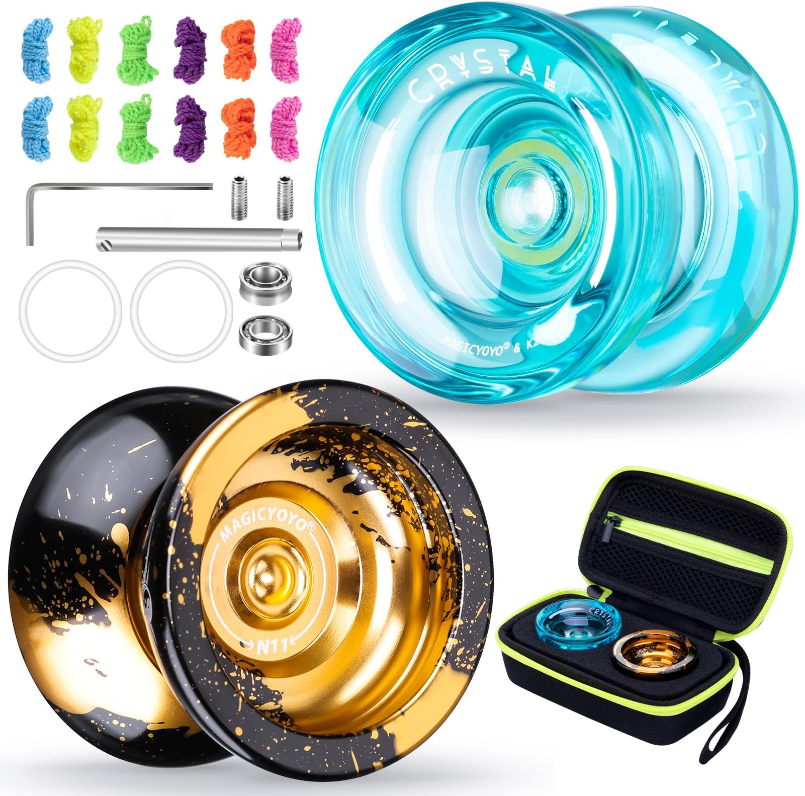 MAGICYOYO Gift Pack of 2 Yoyos - Responsive Yoyo K2 Crystal and Unresponsive Metal Yo-yo N11, Dual Purpose Yo yo for Kids and Adults, Extra 2 Hole Case + 12 Strings + Bearing Kit