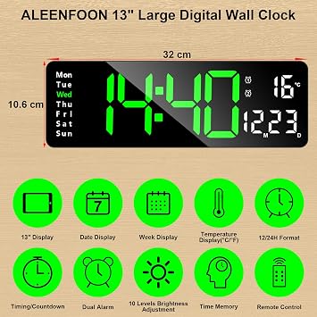 13 Large Digital Wall Clock With Remote Control, Dual Alarms, Temperature/Date/Time Display, Adjustable Brightness, Countdown Timer for Home, Gym, Office (Green)