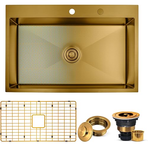Strictly Sinks Dual Mount Kitchen Sink – 33 Inch 16 Gauge Embossed Hexagon Texture Kitchen Sink with Grid, 1 Strainer Drain, 1 Garbage Disposal Adapter & Clips (Gold)