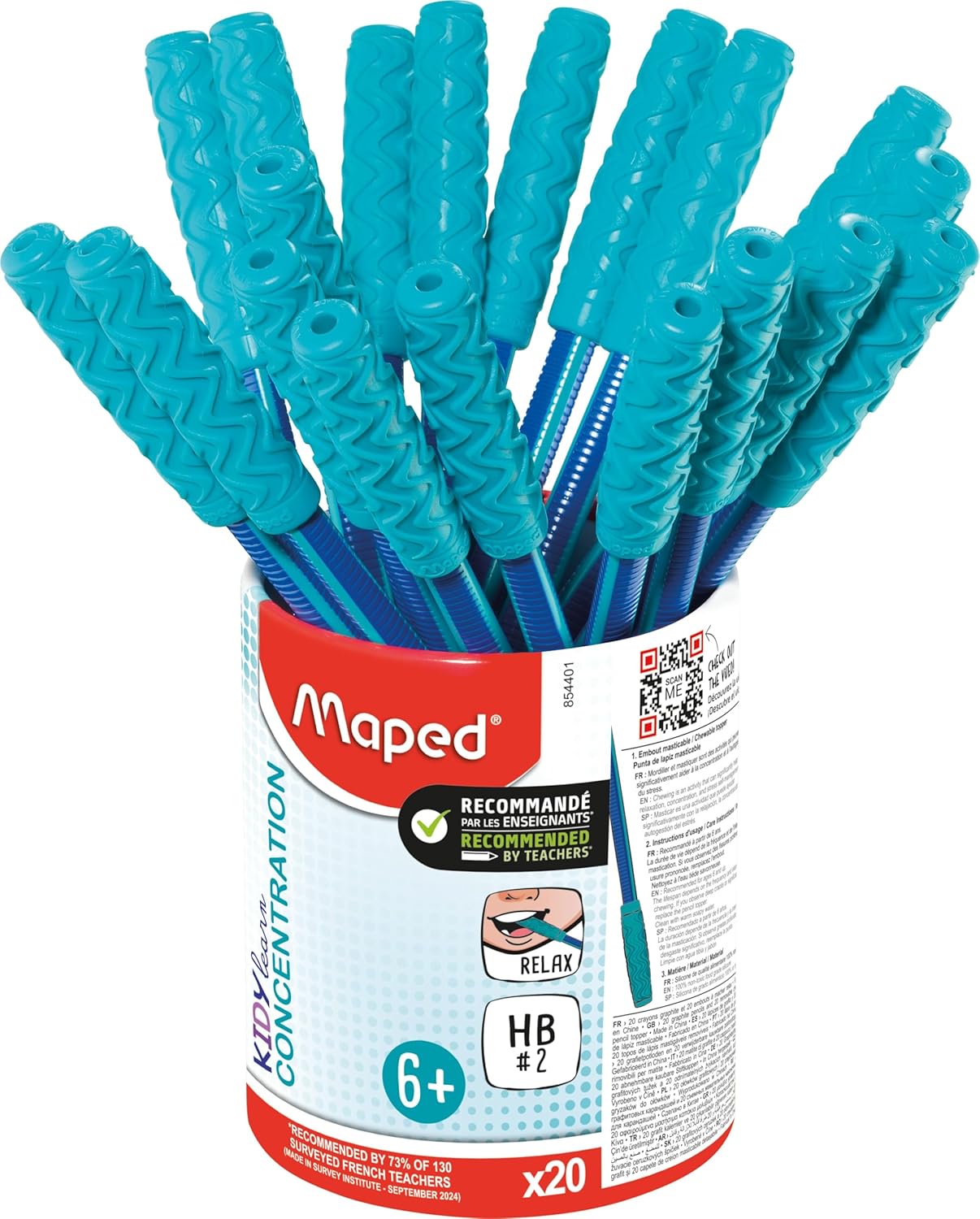 Maped Kidy Learn Concentration - 20 Ergonomic Graphite Pencils with Relaxing Tip for Chewing - HB2 Refill - Textured Barrel with Handle
