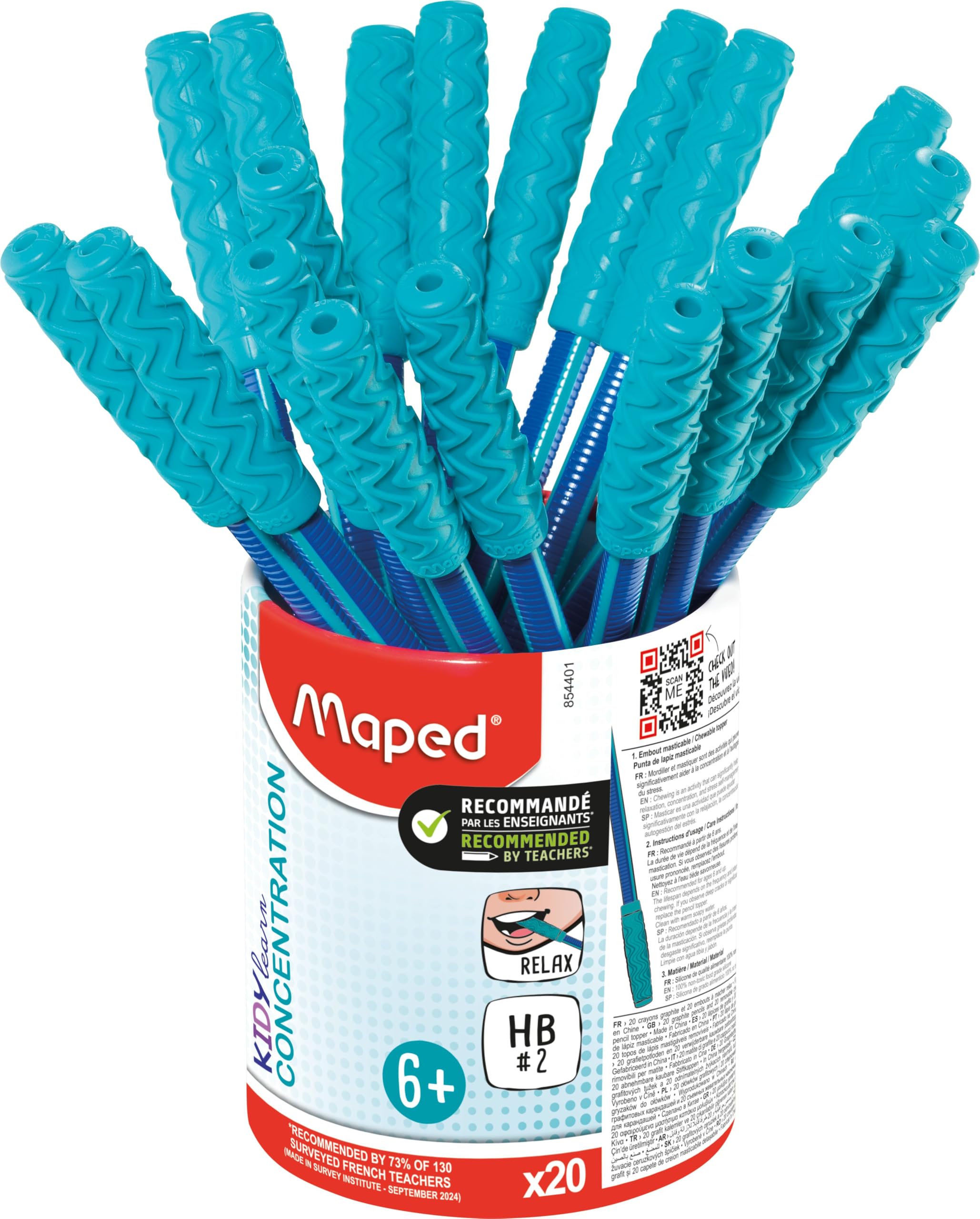 Maped - Kidy Learn Concentration- 20 Ergonomic Graphite Pencils with Relaxing Chew Tip - HB Lead - Textured Body with Grip