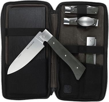 Messermeister Adventure Chef Summit Set, Distressed Linen - Folding 6 Chefs Knife, 6 Fillet Knife, Steak Knife, Fork & Spoon, Peeler & Parer, TPE Cutting Board + Waxed Canvas Case
