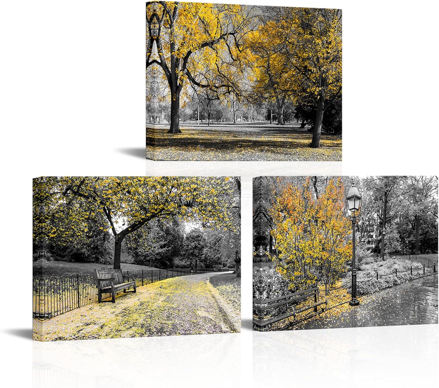 RyounoArt Black White Yellow Canvas Wall Art Yellow Tree Pictures Painting Autumn Nature Landscape Prints for Home Office Wall Decor Framed 12 * 16 inch each
