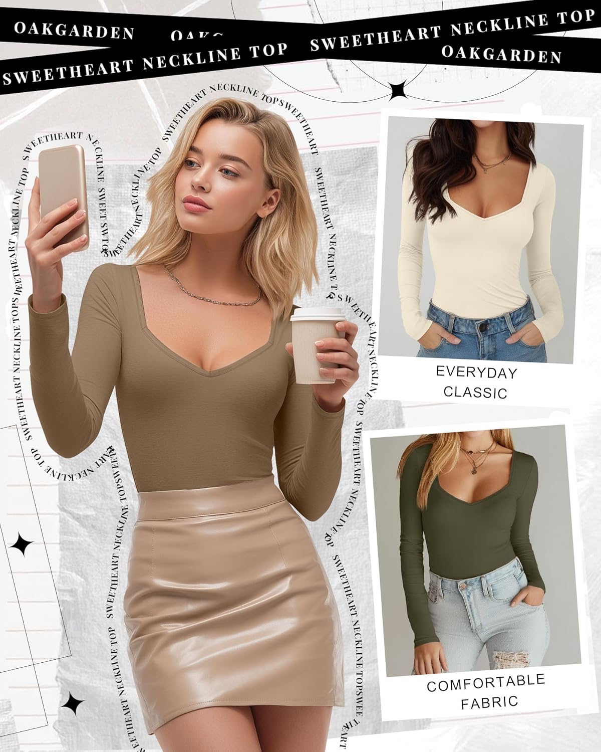 3 Pack Women's Long Sleeve Tops, Sweetheart Neck Knit Basic Shirts Slim Fit Casual Fall Going Out Tee - Image 4