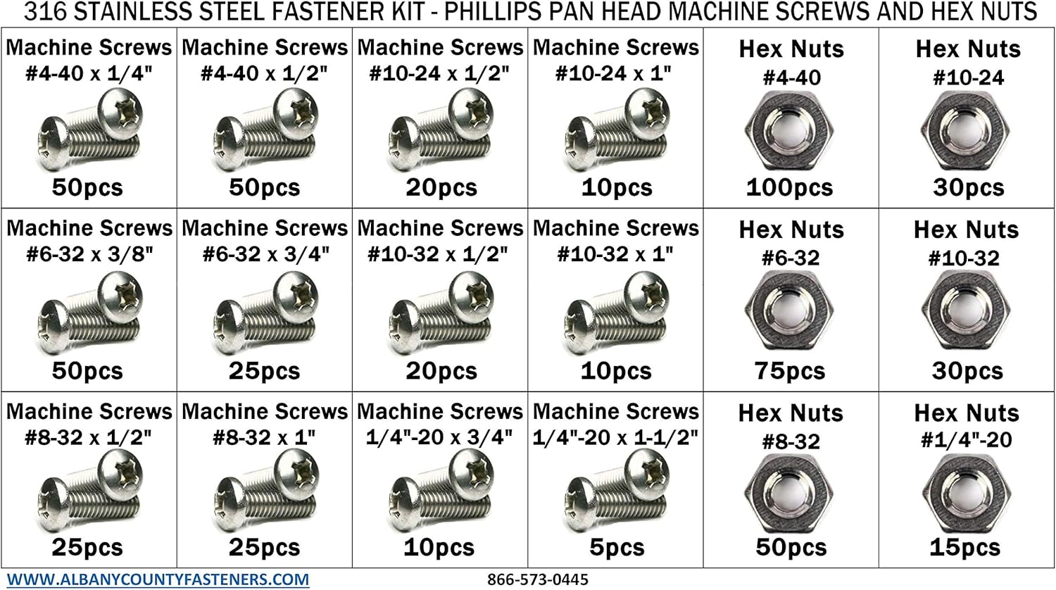316 Stainless Steel Phillips Pan Head Machine Screw kit with Hex Nuts Sizes #4-40 Through 1/4"-20-601 Pieces