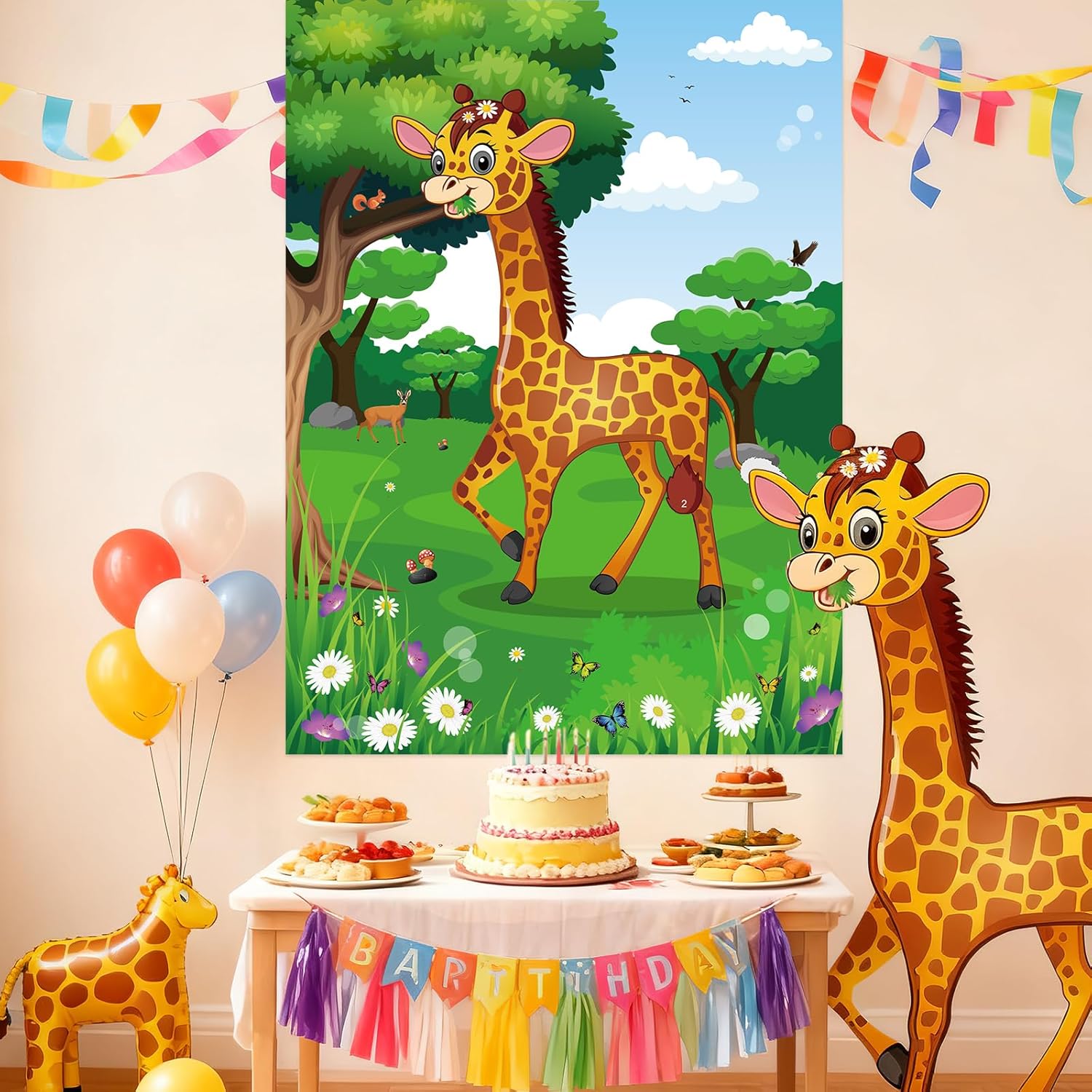 PLULON Pin The Tail on The Giraffe Party Game, Birthday Games Big Giraffe Poster with Tail Stickers for Zoo Animal Party Favors Wall Decorations Birthday Activities Jungle Party Supplies