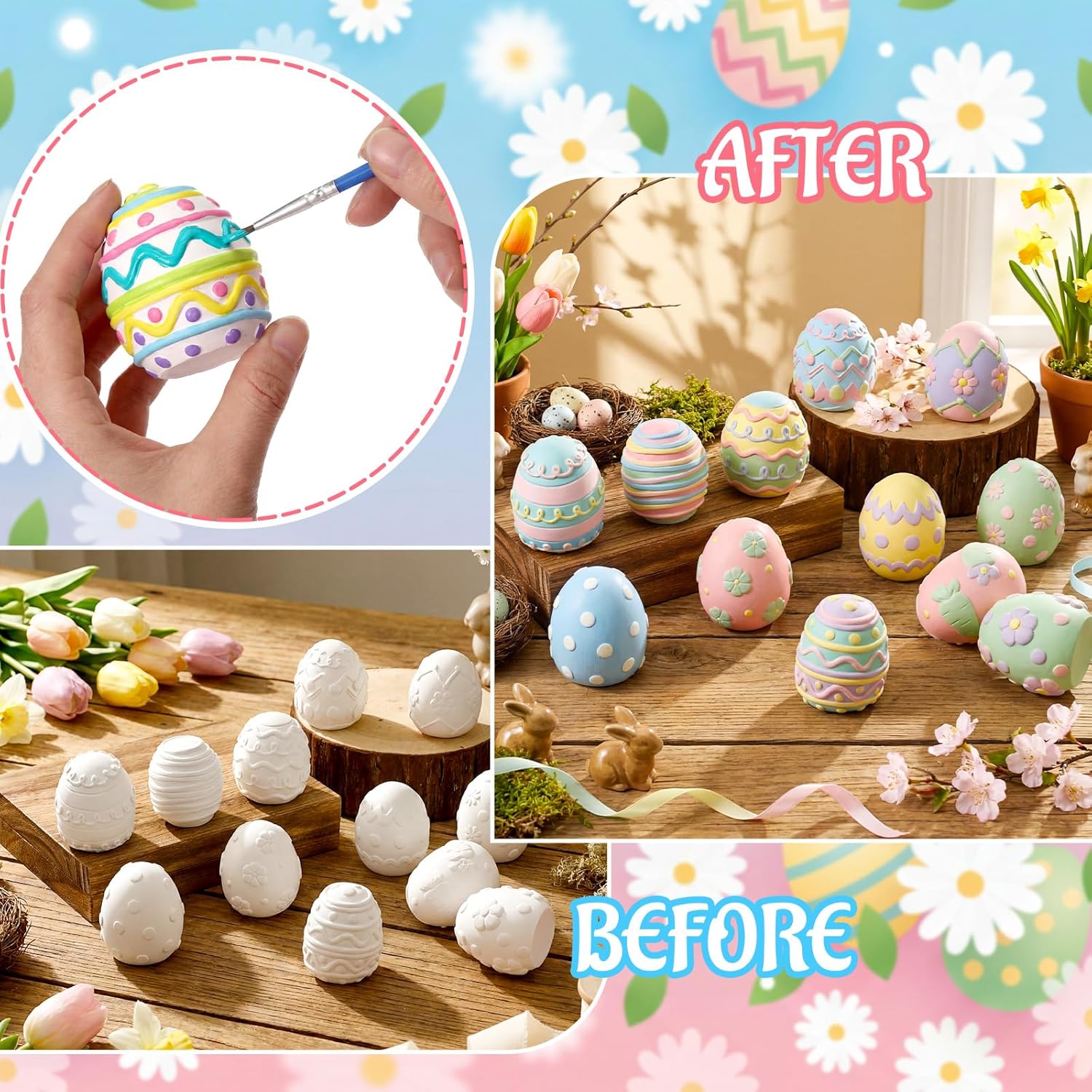 Zubebe 24 Set Ceramic to Paint Easter Eggs 3D Paint Your Own Ceramic Egg Figurines Unpainted Statues DIY Art Crafts with Painting Brushes Kit Palette Bags for Basket Stuffers Spring Party Favor Gifts