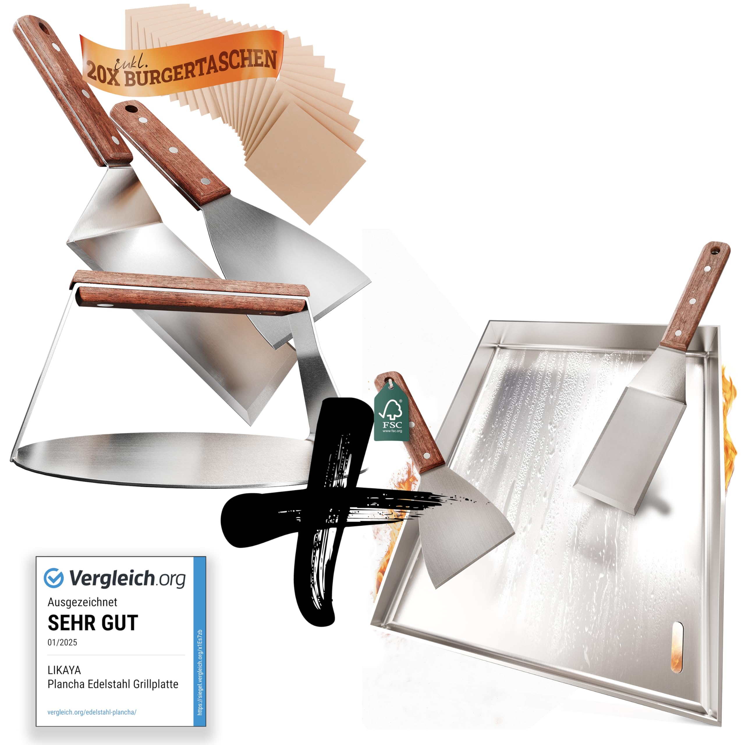 LIKAYA [BUNDLE] Plancha płyta grillowa ze stali nierdzewnej [30 x 40 cm] + zestaw do hamburgerów – 4 x szpachla do grilla i burger Smasher z uchwytem z drewna akacjowego FSC – idealne hamburgery na