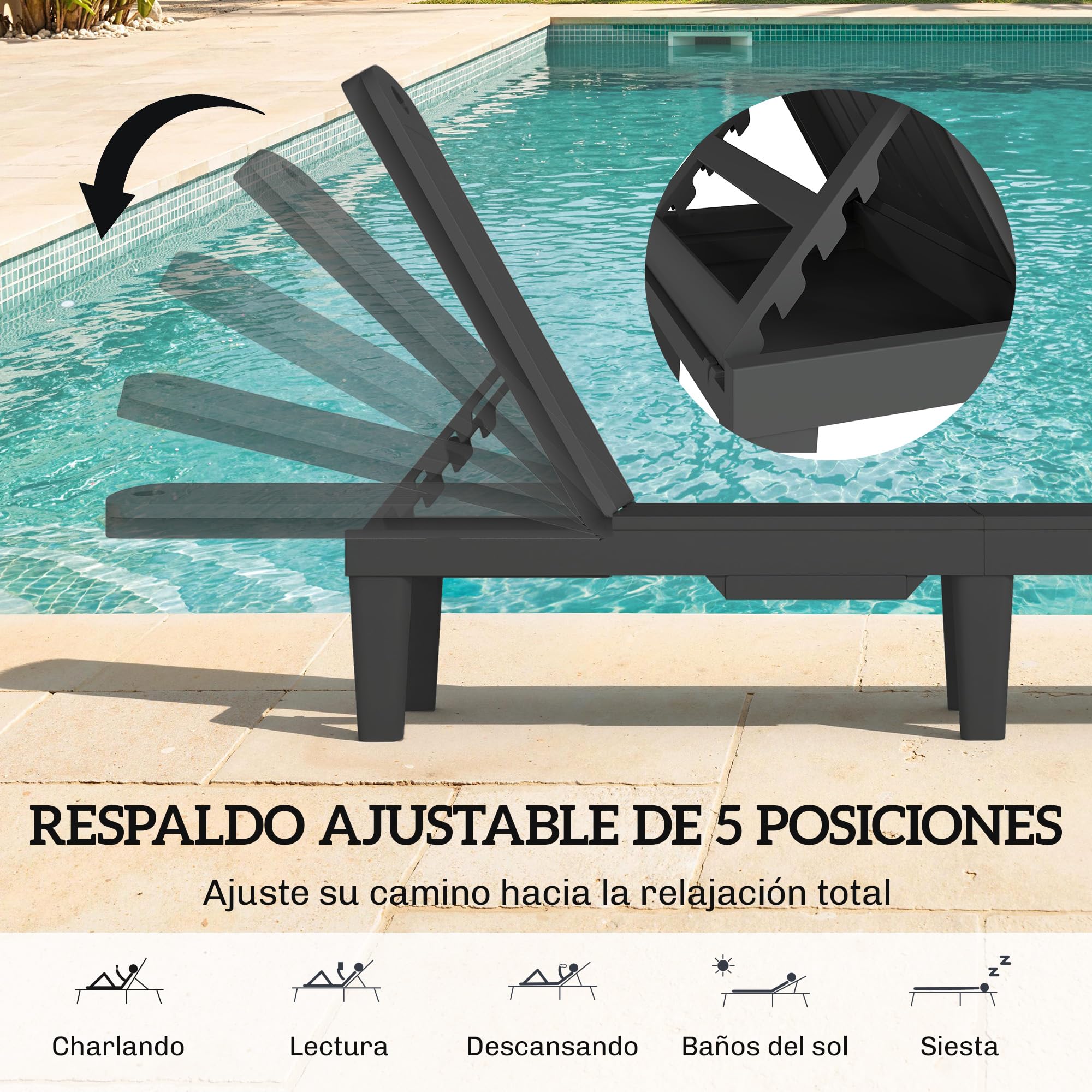 Outsunny Pack de 2 Tumbonas de Jardín Exterior Reclinables de PP, Negro | Bandeja Lateral, Respaldo Ajustable de 5 Niveles, Resistentes a la Intemperie, para Playa, Piscina