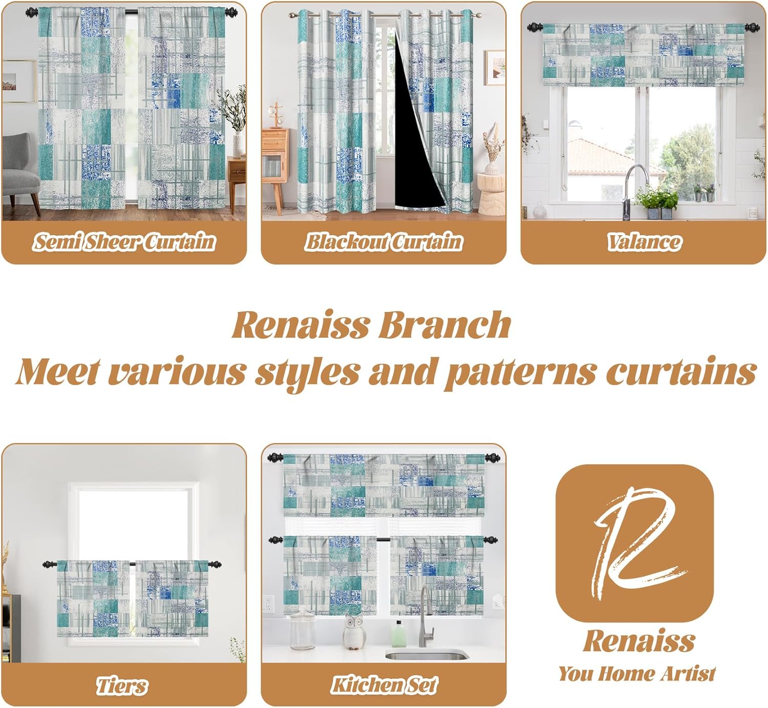 Renaiss Teal Kitchen Curtains Set Geometric Abstract Art Window Curtains and Valances Set 3 Piece 36 Inch Retro Short Tier Curtain Vintage Small Kitchen Decor Curtain Bathroom Windows Rod Pocket Linen