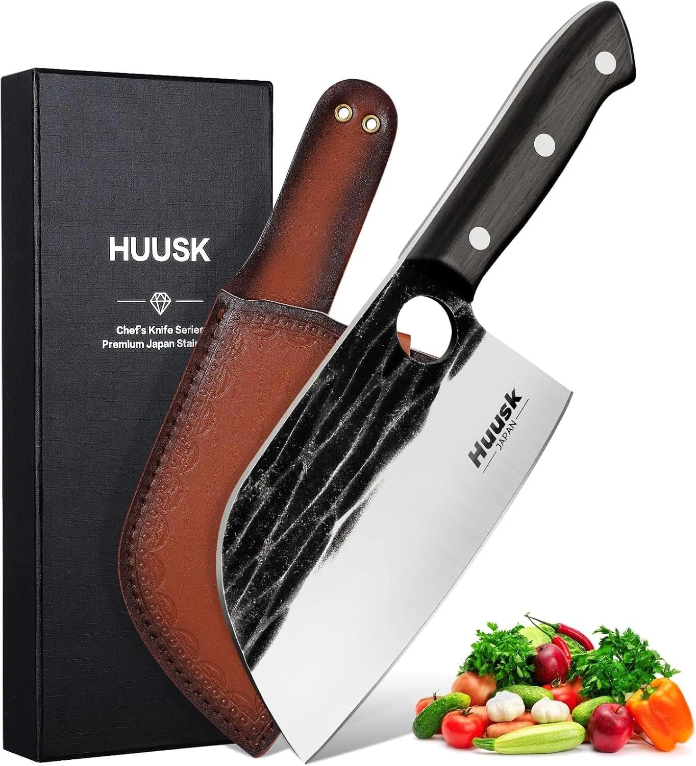 Huusk Serbian Chef Knife Hand Forged Meat Cleaver with Sheath High Carbon Steel Full Tang Knife Heavy Duty Butcher Knife for Kitchen or Camping Outdoor Christmas Gift for Men and Women