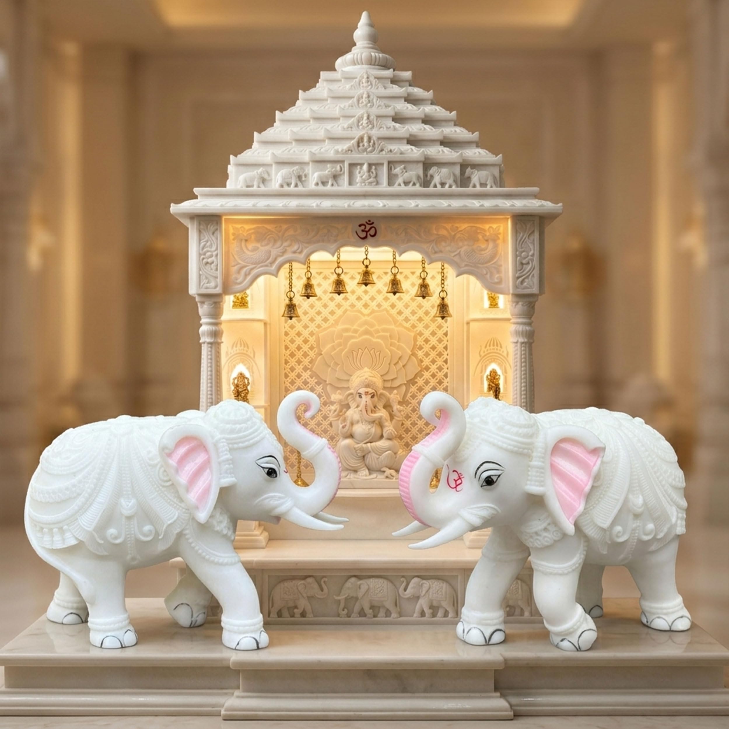 Heavy White Elephant Pair for Mandir Base & Home Temple Decor | 8x10.5 inch Solid Marble Dust Resin Elephant Statues for Corian Mandir Entrance | Vastu Showpiece Set for Living Room