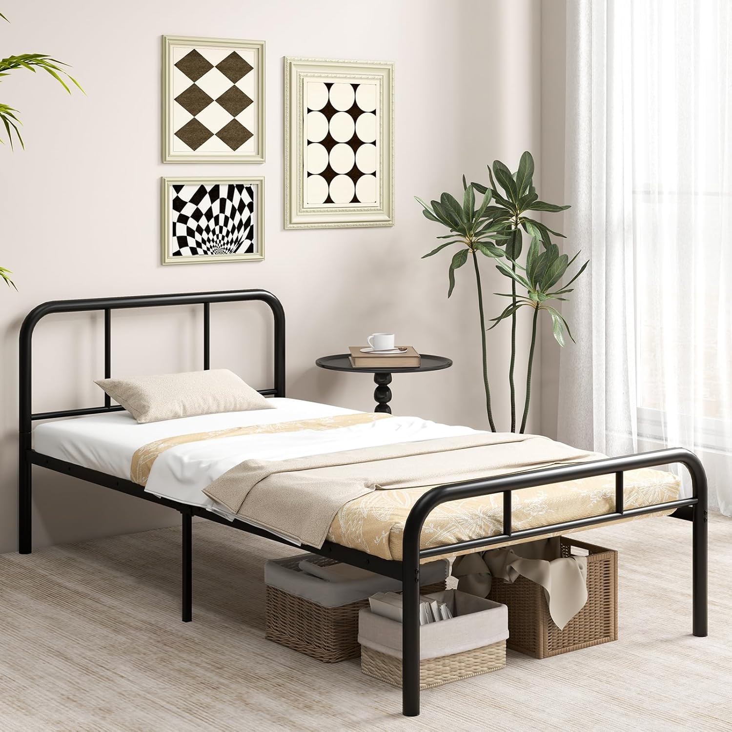 GOFLAME Twin Size Bed Frame, 12 Inch Metal Platform Bed with Headboard & Footboard, Heavy-Duty Mattress Foundation/No Box Spring Needed/Steel Slat Support/Under Bed Storage, Easy Assembly, Black