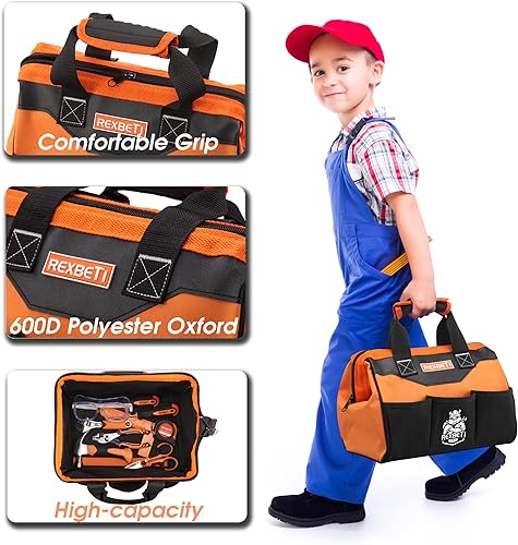 Miniatura 5 de REXBETI Juego de herramientas para niños de 10 piezas con herramientas de mano reales, bolsa de almacenamiento duradera naranja, kit de herramientas