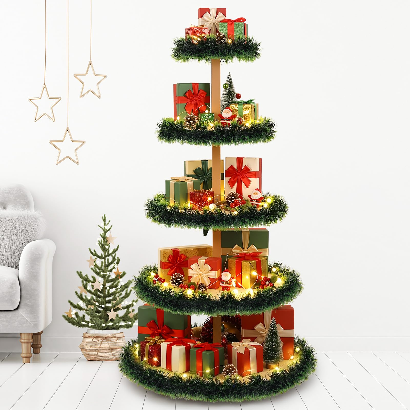 Photo 1 of Capoda 6ft Christmas Tree Shelf 5 Tier Large Bookshelf DIY Village Display Stand with Garland Xmas Tree Wooden Stand Holder for Christmas Party Holiday Office Home Decoration