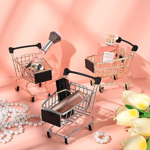 Miniatura 21 de Hotop Carrito de compras pequeño de 3 piezas, carrito de supermercado, juguetes de metal para decoración de almacenamiento de escritorio