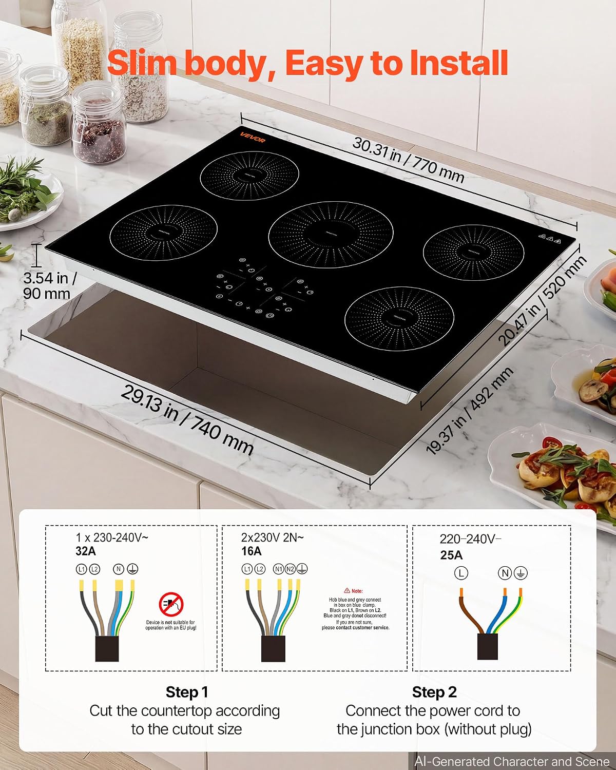VEVOR Induction Cooktop 30inch 5 Burners Built-in Electric Stove 220V 9200W, Induction Burner for Kitchen, with 9 Power Levels, LED Touch Screen, Ceramic Glass Surface, Child Lock