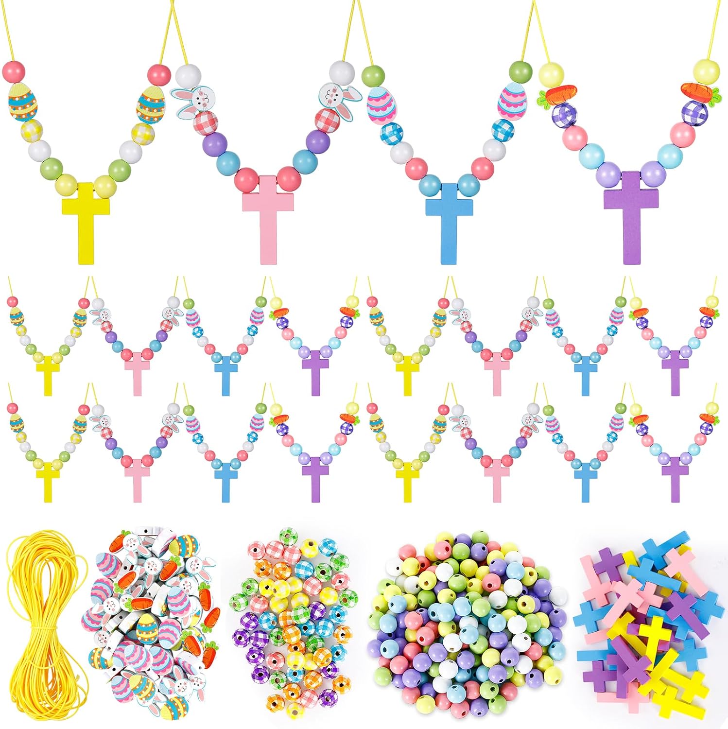 32 Sets Easter Wooden Cross Beads Necklace Craft Kit - DIY Religious Wood Cross Egg Rabbit Shape Beads Necklace Making Set for Easter Jesus Decor Christian Activity Sunday School Classroom Use