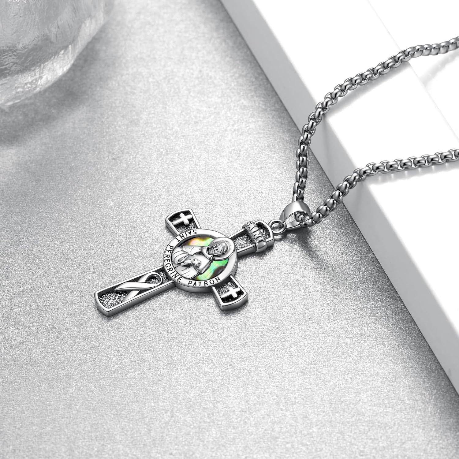 St Peregrine Patron Saint of Cancer Necklace 925 Silver Silver Saint Peregrine Medal Cross Pendant Necklace for Men Women Amulet Protection Jewelry Gifts - Image 2