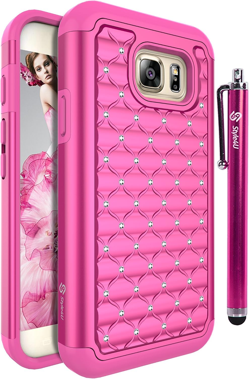 Style4U Galaxy S7 Active Case, S7 Active Case, Studded Rhinestone Crystal Bling Hybrid Armor Case Cover for Samsung Galaxy S7 Active [Not for Galaxy S7] with 1 Stylus [Hot Pink/Hot Pink]