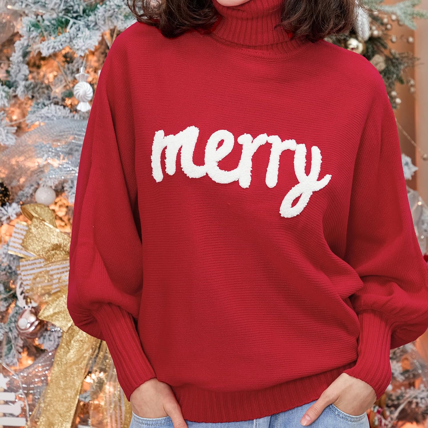 BHMAWSRT Women's Merry Christmas Sweater Longsleeves Turtleneck Knitted Sweatshirts Christmas Festival Pullover Sweater - Image 2