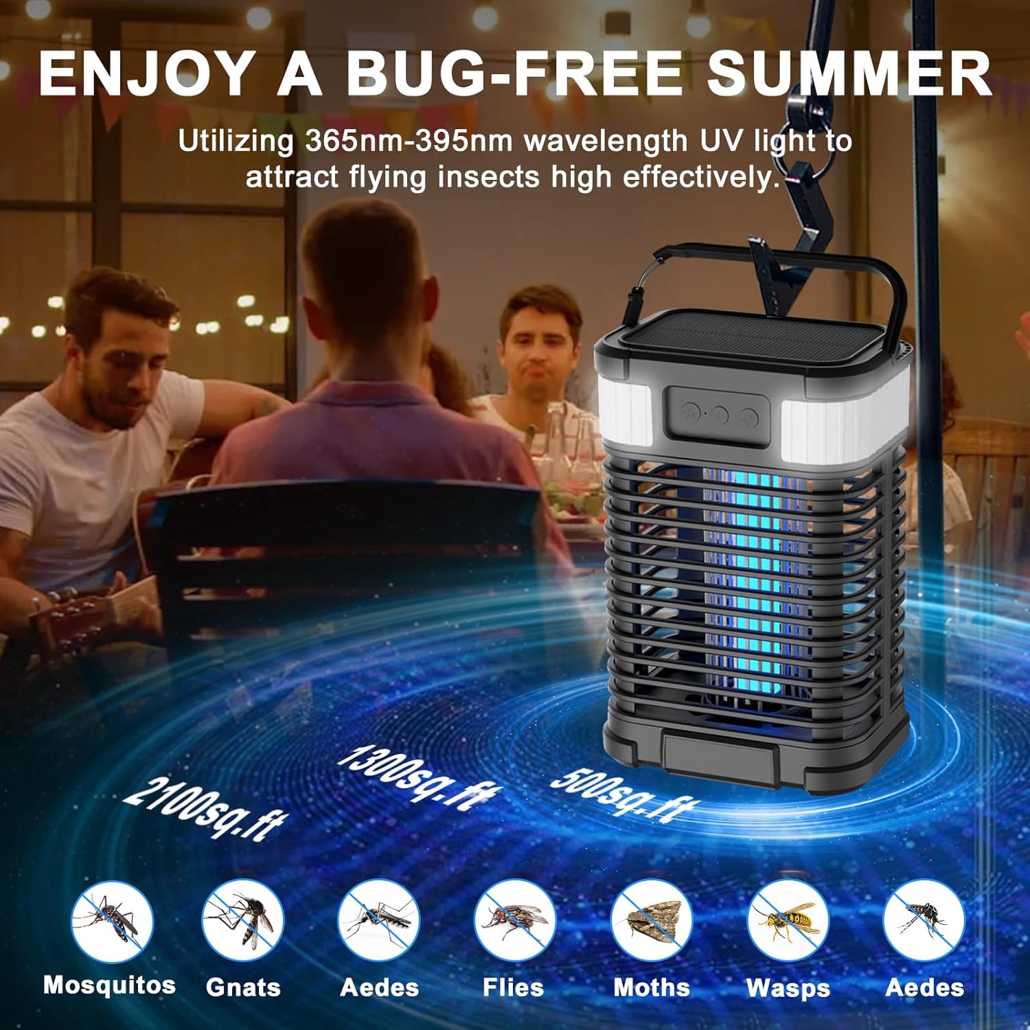 Solar Bug Zapper, 4200V Mosquito Zapper, Cordless & Rechargeable Bug Zapper Outdoor with LED Light, Portable Waterproof Electric Fly Zapper with Hook, for Patio Camping Backyard Garden (Black)