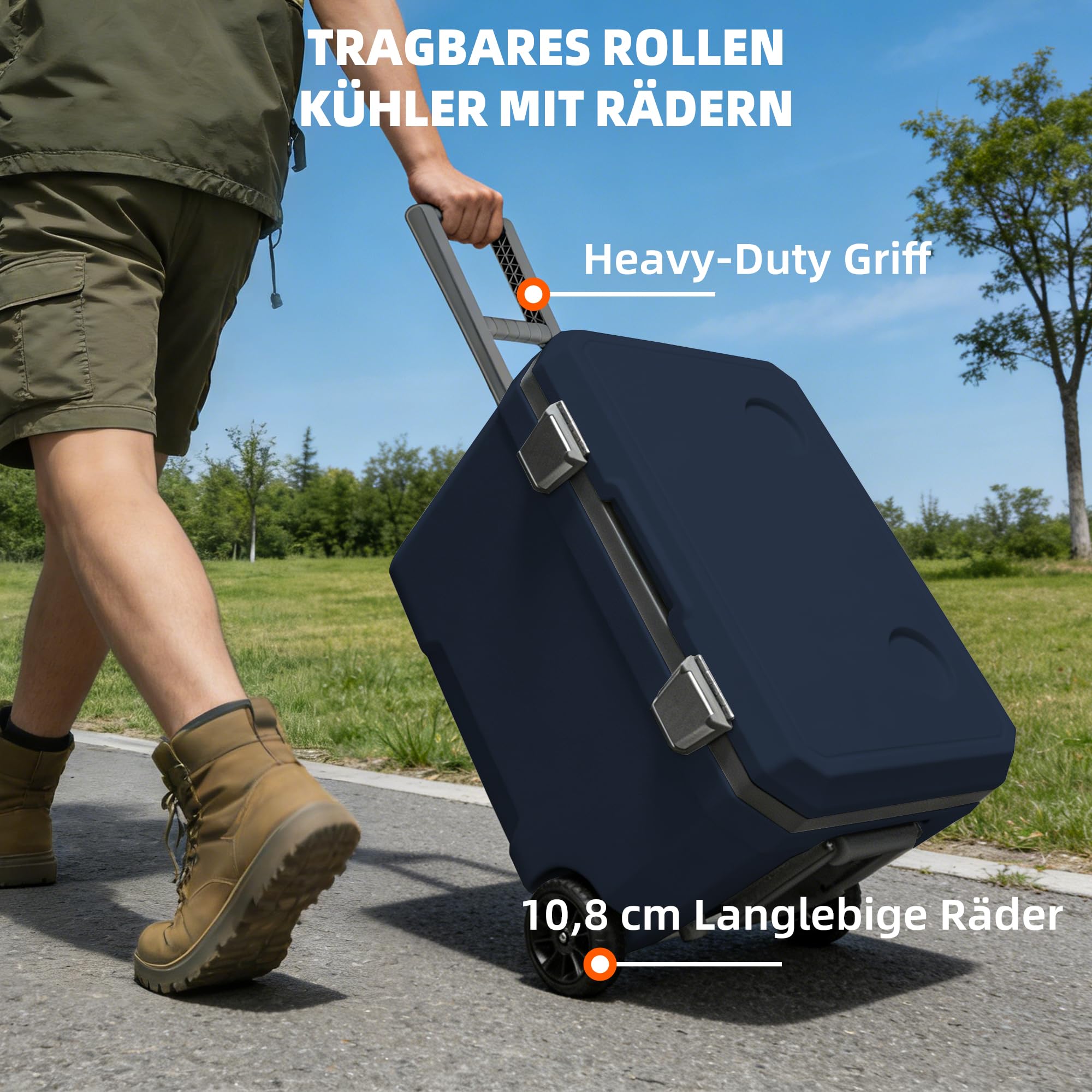 WISD 45L Kühlbox mit Rollen und Griff – Große Camping Kühlbox mit Metallverschlüssen & Ablaufstopfen – Robuste Passive Kühlbox für Picknick, Angeln & Outdoor