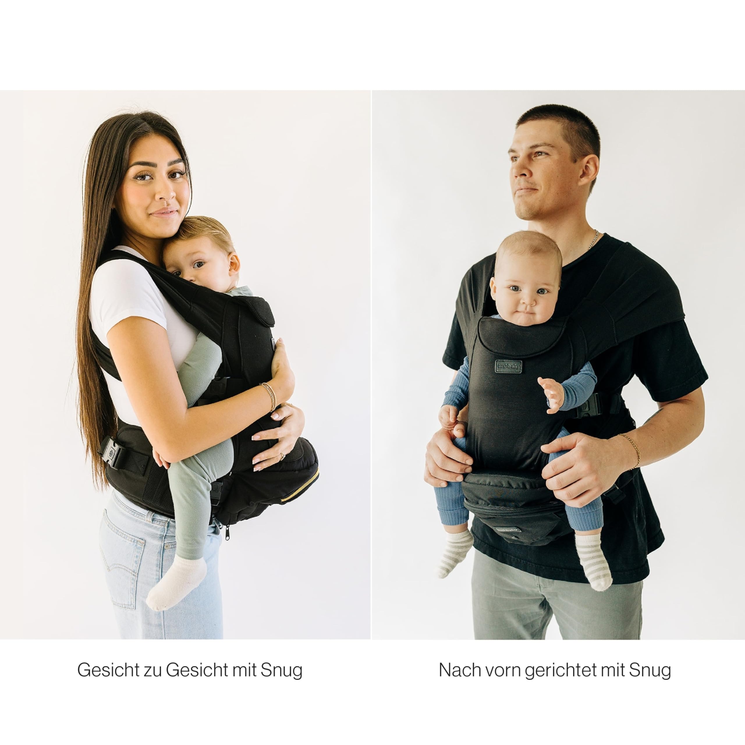 Tushbaby Hands Free Carrier Set | Hüftsitz Baby und Snug Trage | Kindertrage mit ergonomischem Baby Hüftsitz | Kindertrage Rucksack mit Stauraum | Für Kinder bis 20 kg | Schwarz