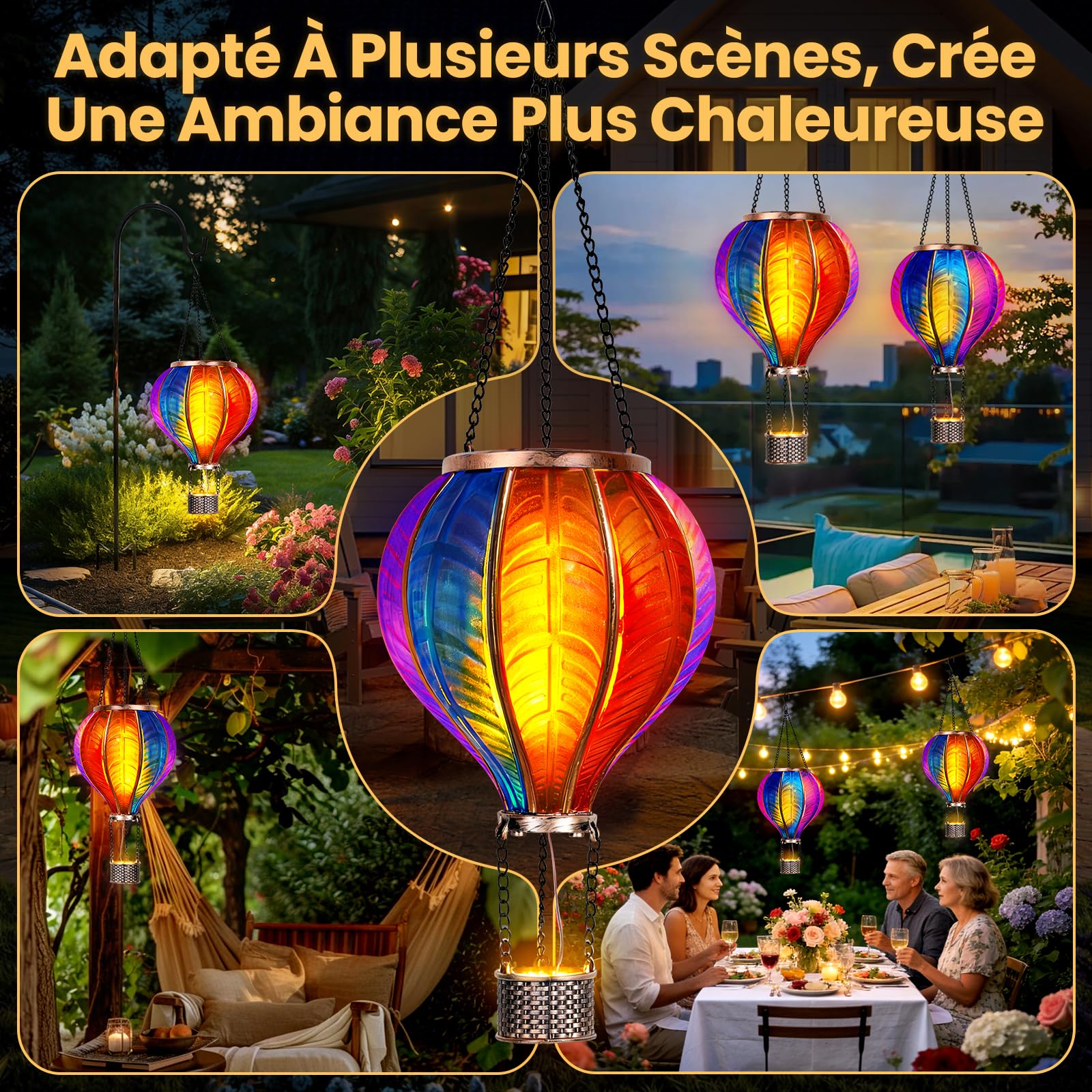 JONRRYIN 2PCS Lanterne Solaire Extérieur, Extra Grande 46,5x13,8 cm Montgolfière Lanterne Extérieur avec Effet de Flamme, Lumière Extérieure LED pour Terrasse, Balcon et Jardin