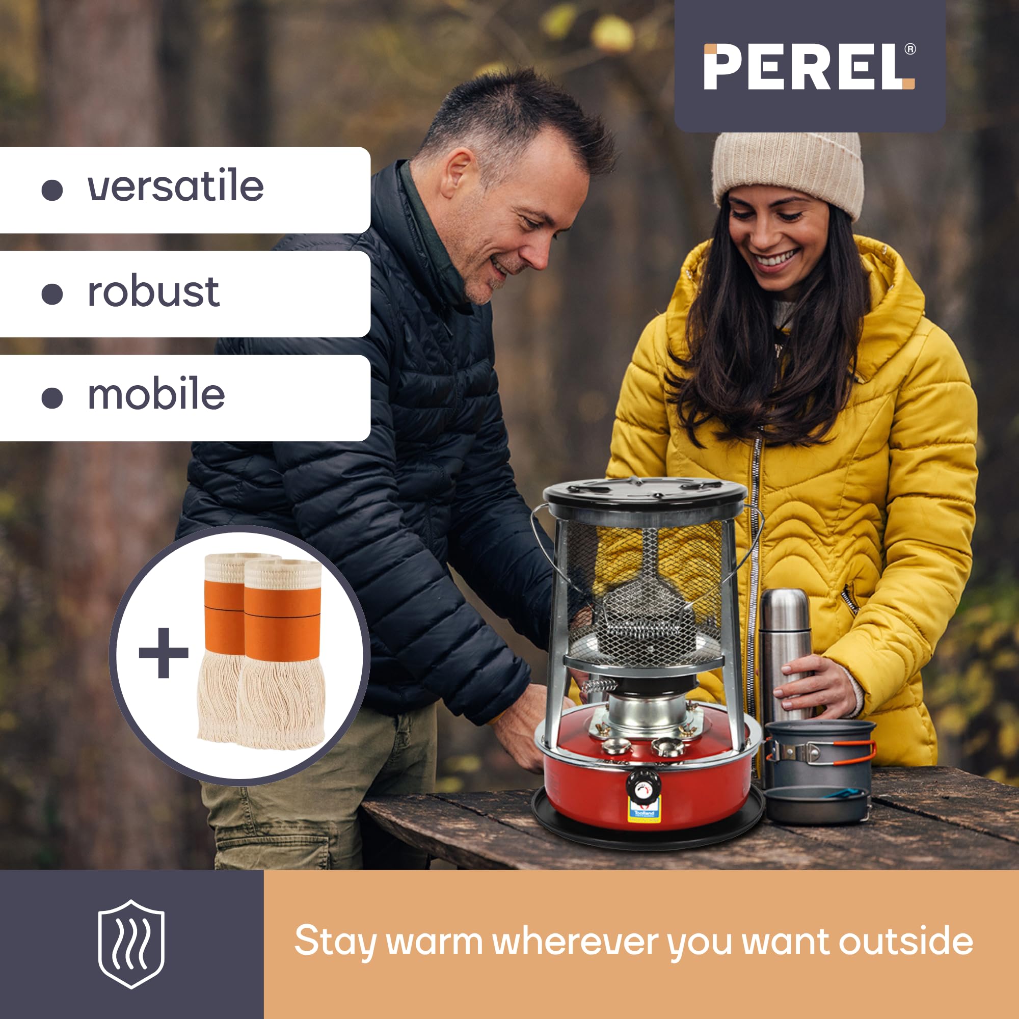 Perel Mobilny piecyk naftowy 2600 W z knotem/knotem + 2 zapasowe, przenośny piecyk olejowy do namiotu kempingowego, zbiornik 4,6 l, 18 godzin pracy, ekonomiczne ogrzewanie dodatkowe naftą bez prądu,