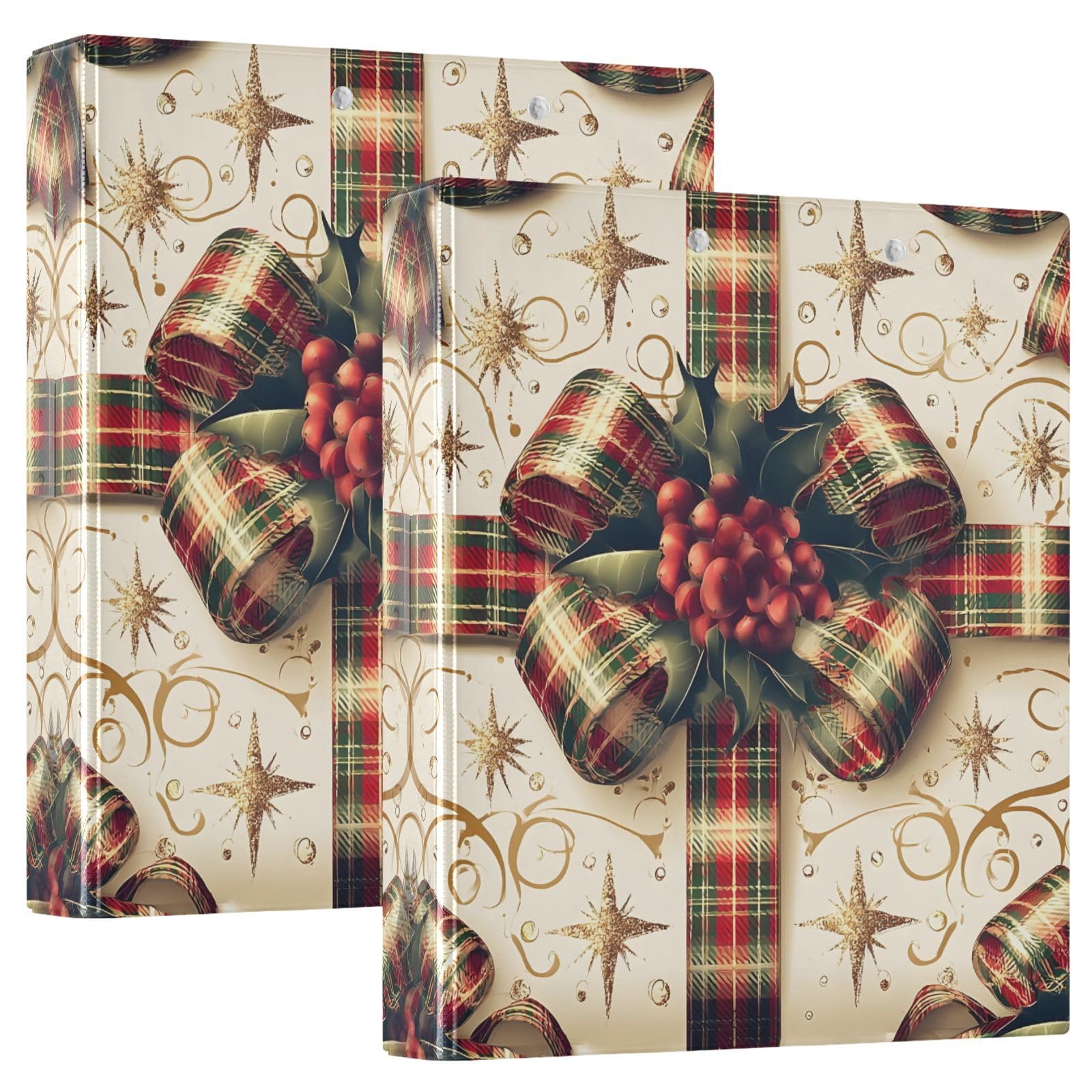 Christmas Bow Holly Berries 3 Ring Binder with 2 Interior Pockets 1.5 inch Binders 3 Ring Heavy Duty Fit 8.5" x 11" Letter Size for Office School, 2 Pack