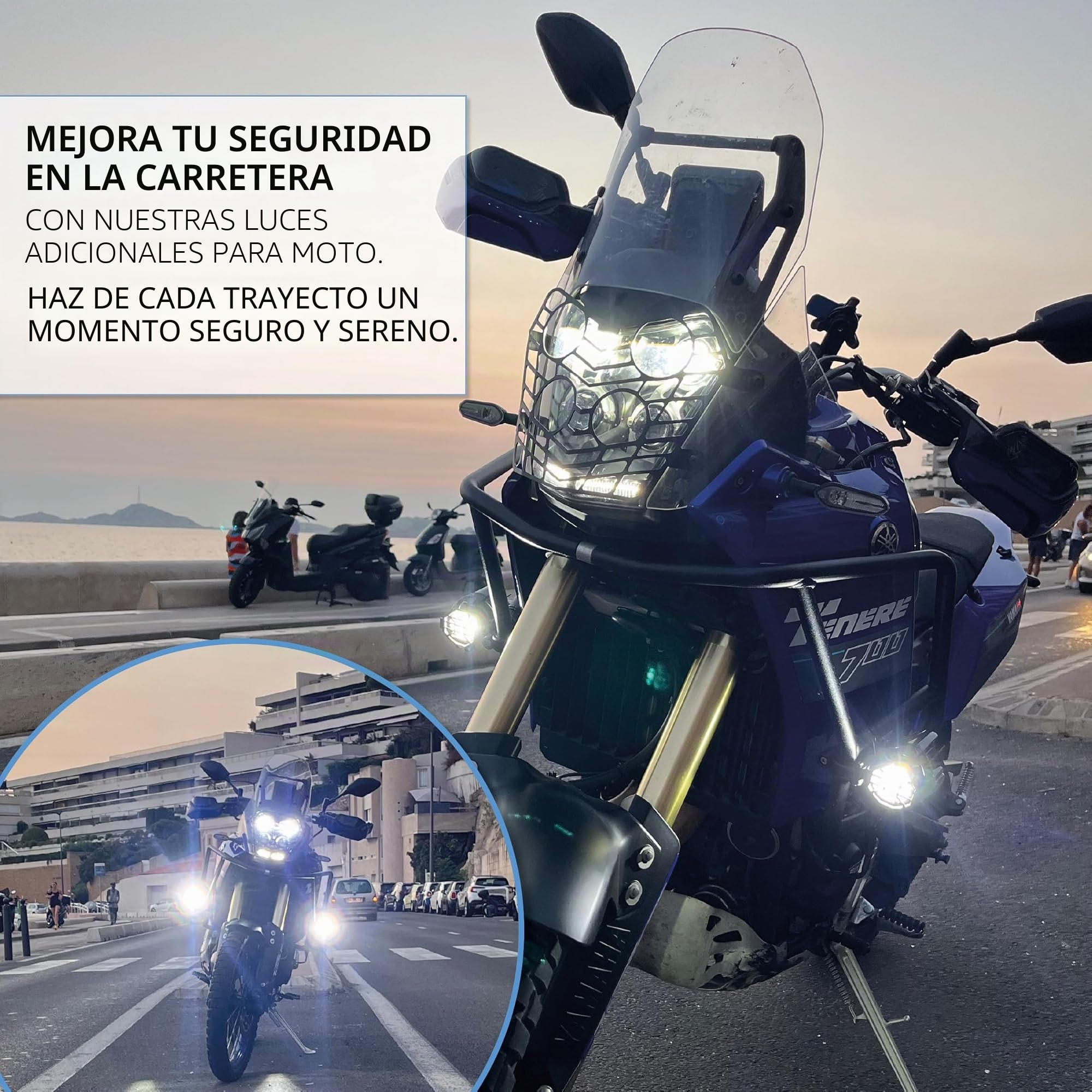 PASSION MOTO Luces adicionales LED antiniebla de largo alcance para moto quad 6000 lm potentes + rejilla de protección + cableado con relé CNC IP68