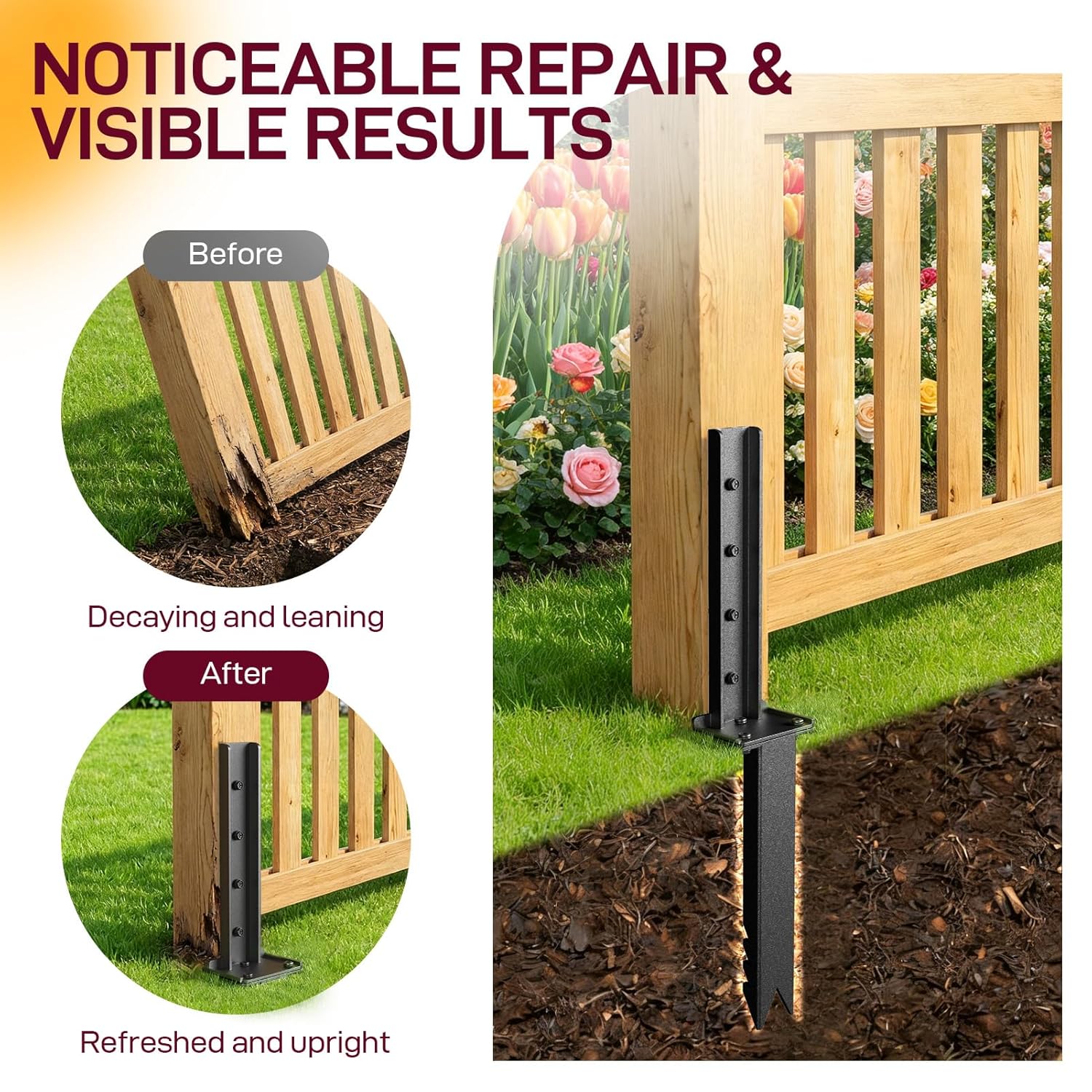 Goovilla Fence Post Repair Kit, 4Pcs Heavy Duty Fence Post Anchor Ground Stakes, Robust Quick-Fix Wood Support for Broken/Leaning/Tilted/Degraded Wood with Gloves/Installation, Easy to Install,Black