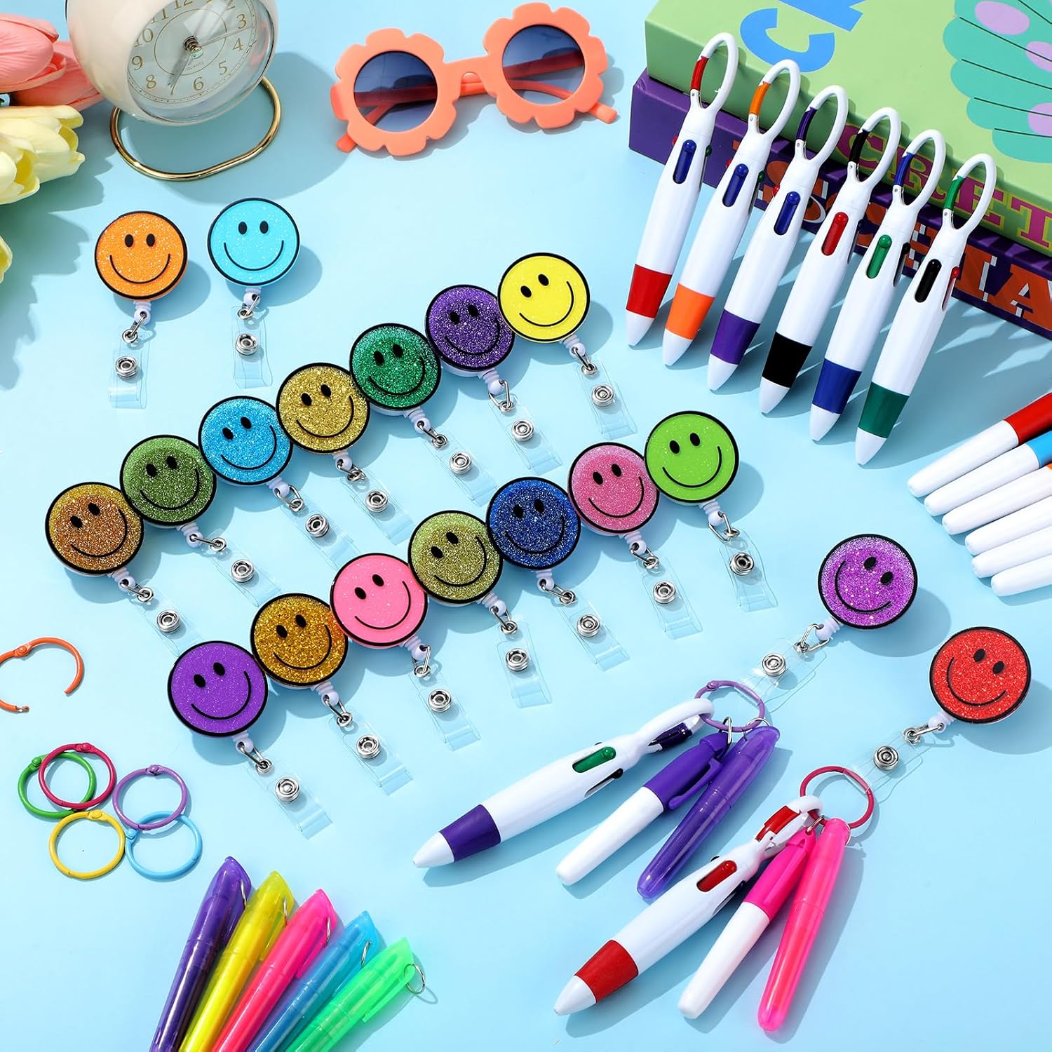 Lincia 90 Pcs Nurse Badge Accessories, Nurse Pen Set Include Retractable Badge Reel Clips, Ballpoint Pens, Markers, Highlighters, Keychains, Medical Staff Appreciation Gifts, 18 Sets(Smile Face)