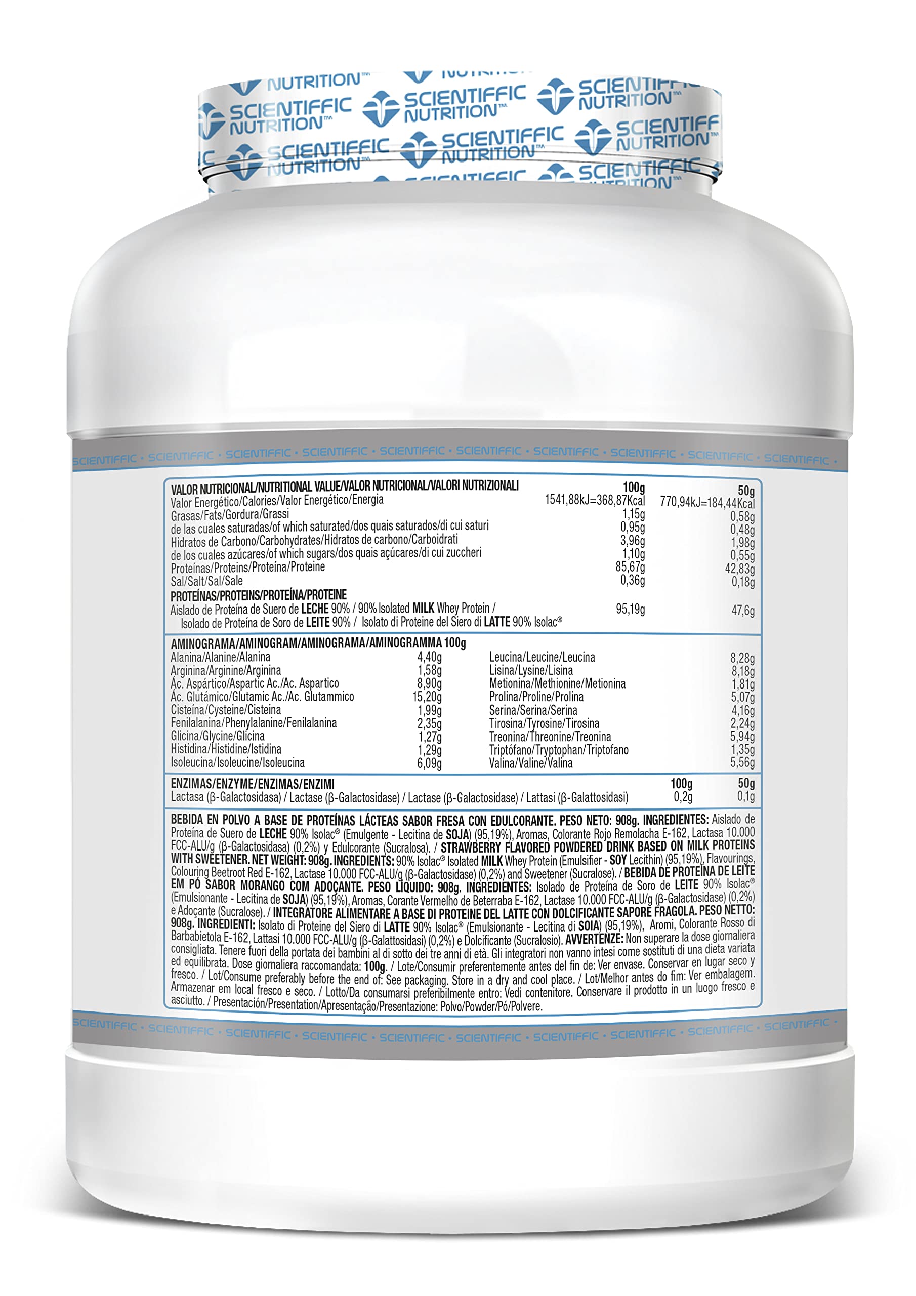 Scientiffic Nutrition - Isolat 2.0, Whey Protein, Suplemento de Proteina Aislada ISO con Lactasa, Proteina de Suero de Leche en Polvo - 908g, Fresa.