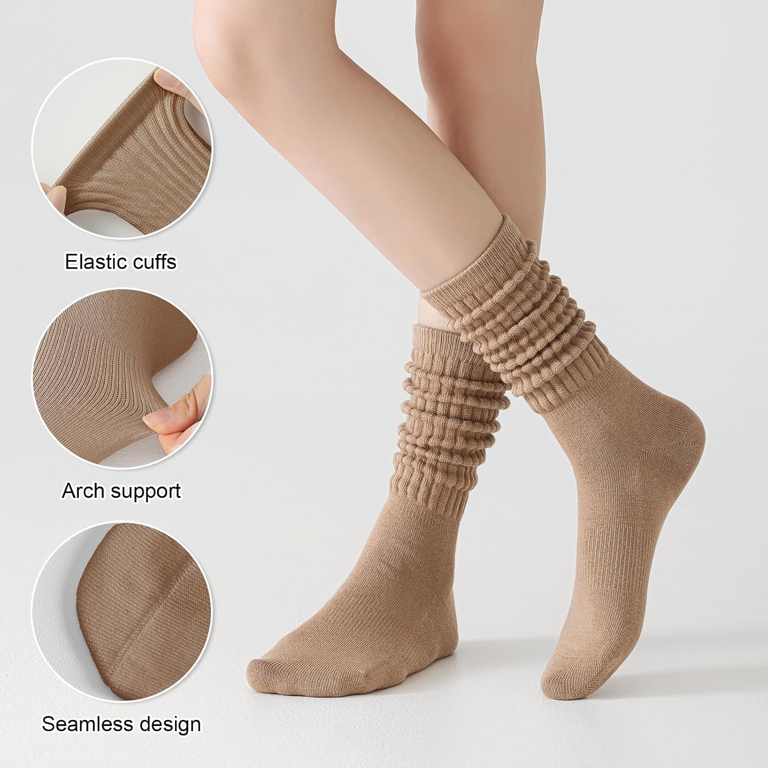3 Pairs Slouchy Socks, Knee High Long Scrunch Socks, Size 5-9 - Image 3