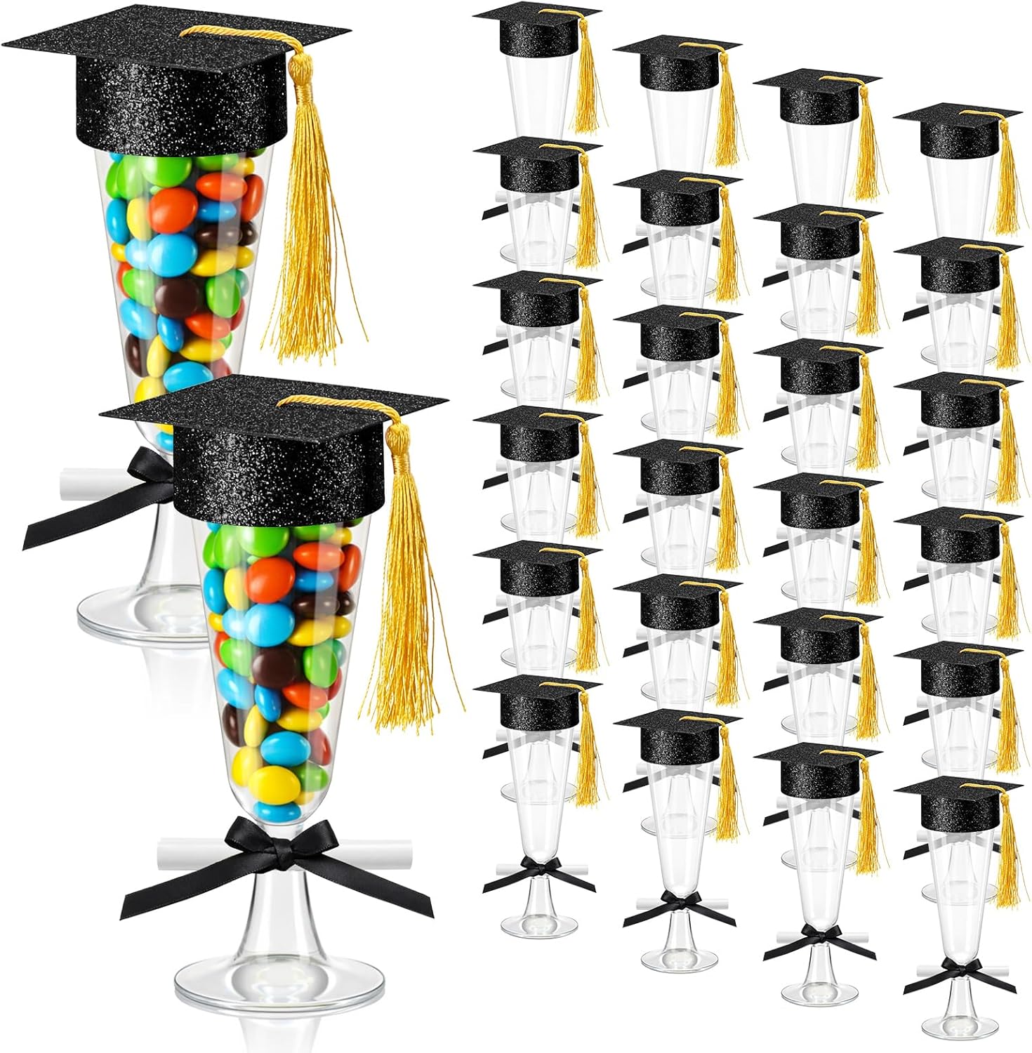 24 Sets 2026 Graduation Party Decoration Plastic Champagne Flutes Mini Grad Cap Bottle Toppers Goblet Covers with Tassel and Scroll Diploma Black Bow DIY Graduation Cap Favors for Table Decor